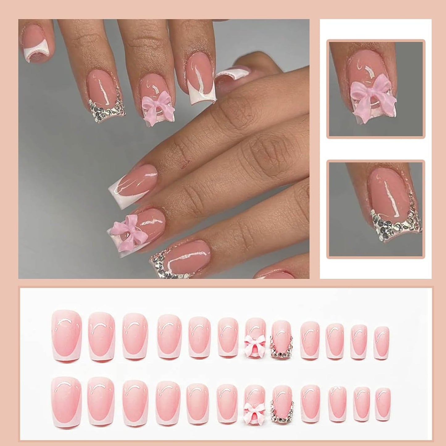 24 Stück rosa Diamant-Schleife, französische Maniküre-Tabletten, quadratische Nägel, Strass-Muster, nackte rosa künstliche Nägel, vollständige Abdeckung, Kleber, Maniküre