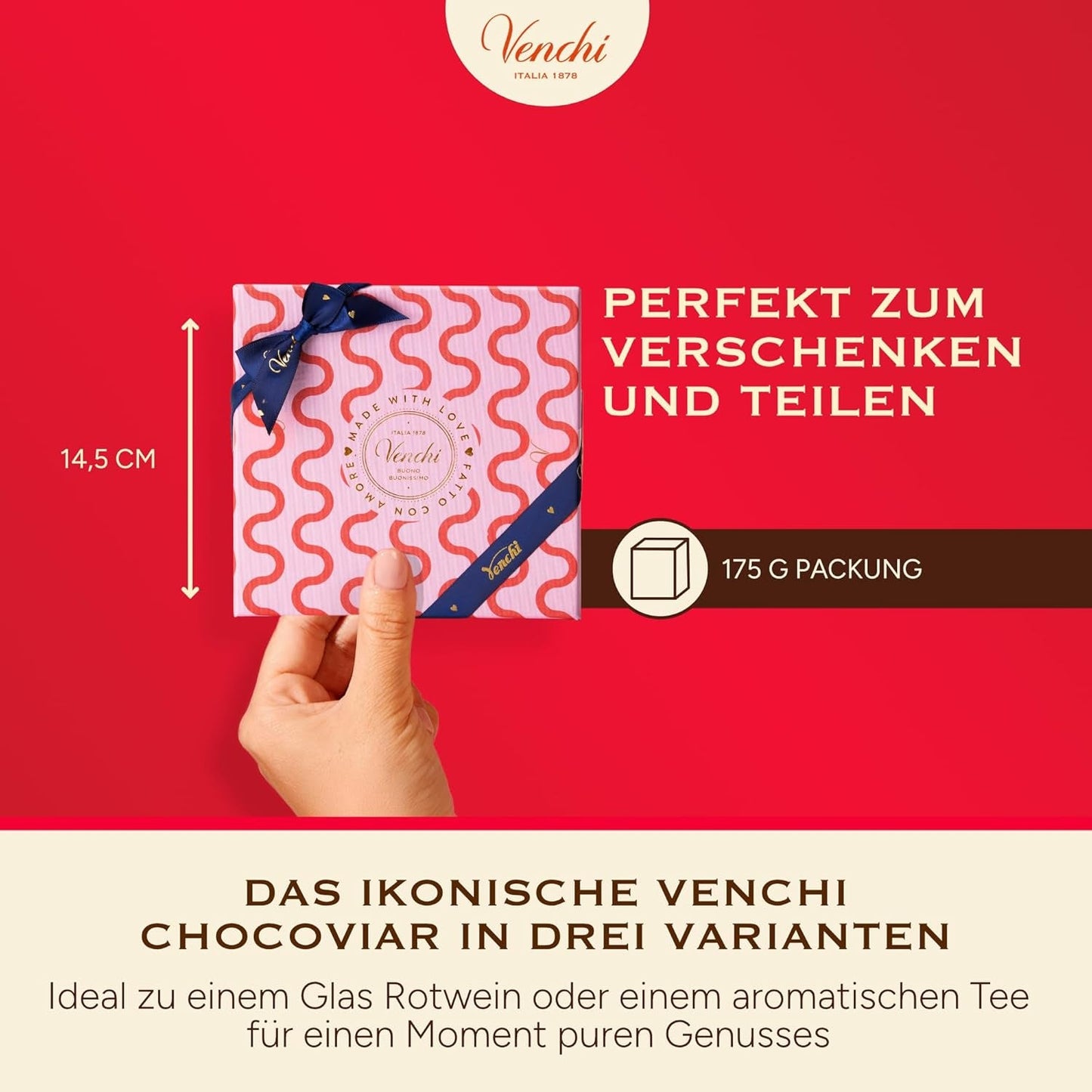 Venchi – Schachtel mit 9 verschiedenen Pralinen, 175 g, glutenfrei, ohne künstliche Farb- oder Konservierungsstoffe, Geschenkidee zum Valentinstag
