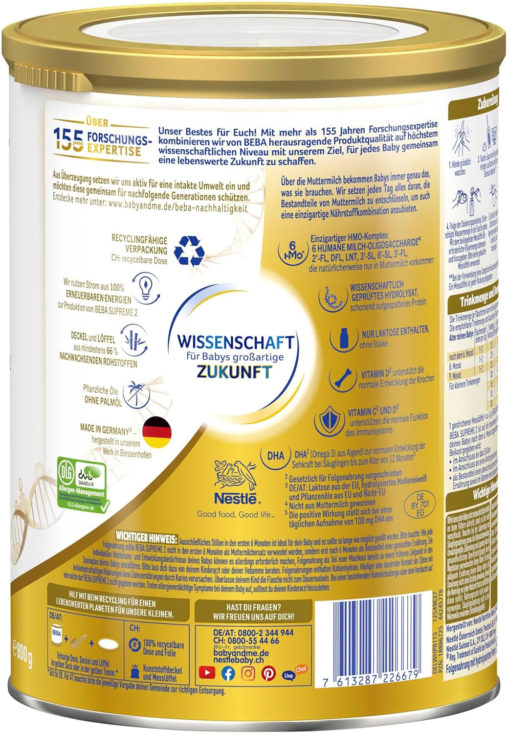 BEBA SUPREME 2 Folgemilch nach 6 Monaten, nur Laktose, palmölfrei, 6er Pack (6 x 800g) Naty Shop