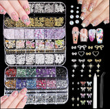Nail Charms,6 Boxen Gold Silber Nagel Charms 3D Gold Bogen Stern Nail Art Dekoration+6200 Strasssteine ​​​​Bunt Steine ​​​​AB Perlen Diamanten,3D Legierung Bow Nail Gems Nagel Deko Für Frauen Nagel (6-A)