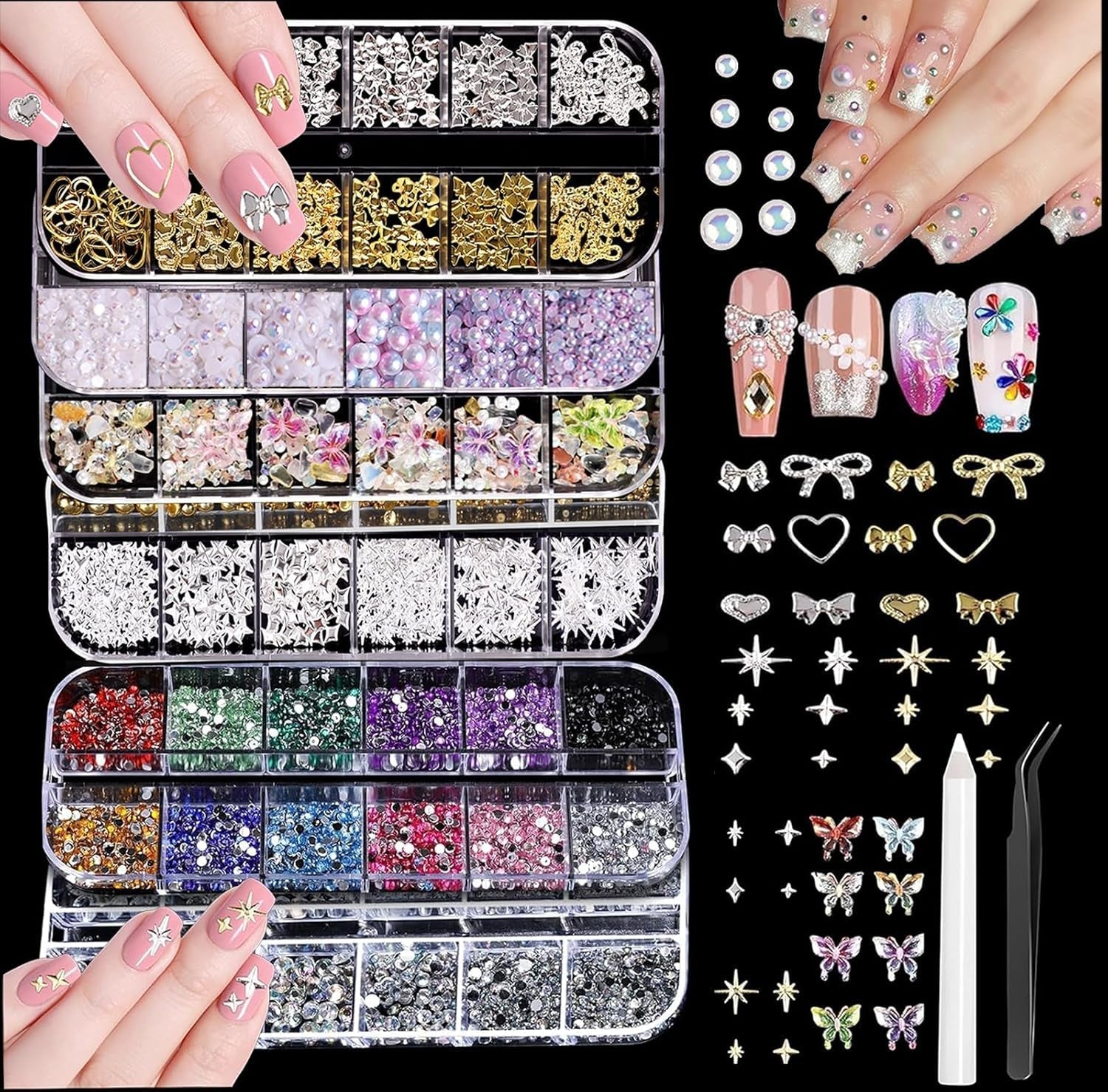 Nail Charms,6 Boxen Gold Silber Nagel Charms 3D Gold Bogen Stern Nail Art Dekoration+6200 Strasssteine ​​​​Bunt Steine ​​​​AB Perlen Diamanten,3D Legierung Bow Nail Gems Nagel Deko Für Frauen Nagel (6-A)