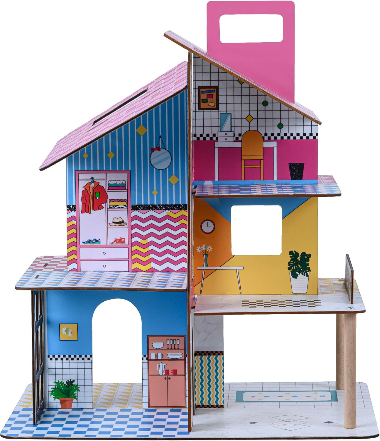 Olivia'S Little World 360 Puppenhaus aus Holz für Kinder, 8,9 cm große Puppen und 12 Zubehörteile, mehrfarbig, TD-13260C, Puppenhäuser, Naty Shop