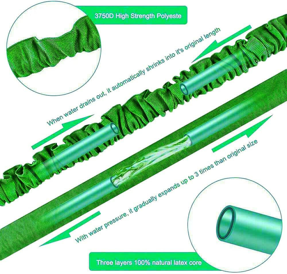 30 m ausziehbarer Gartenschlauch, 100 Fuß flexibler Wasserschlauch mit 8-Strahl-Sprühdüse, wasserdichter, einziehbarer, robuster Schlauch mit 3/4-Zoll- und 1/2-Zoll-Anschlüssen (30 m, grün)