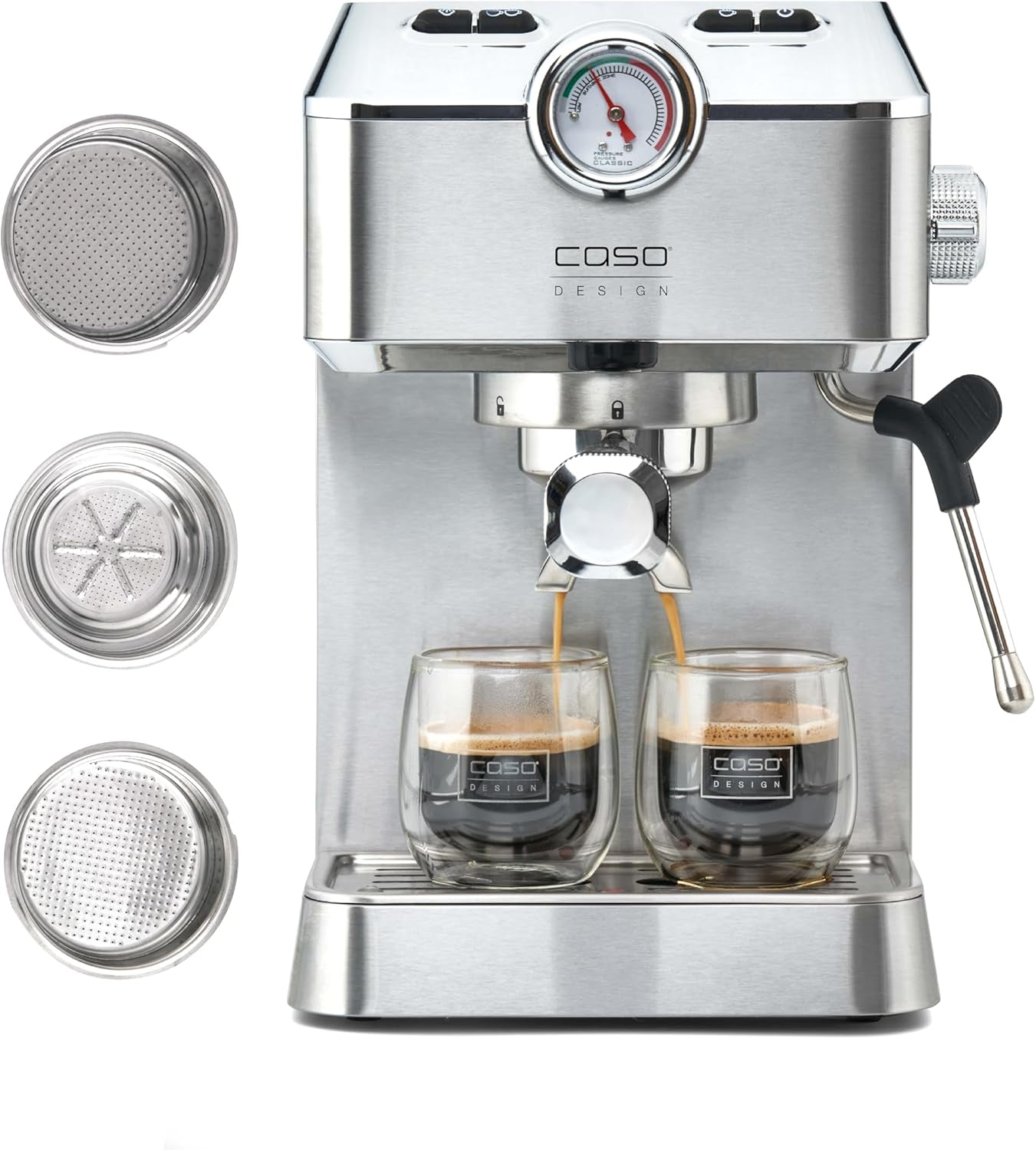 Caso Espresso Gourmet – Siebträger-Espressomaschine aus Edelstahl, leistungsstarke 19-bar-Ulka-Pumpe, mit Milchaufschäumer, für gemahlenen Kaffee oder ESE-Kaffeekapseln, für 2 Tassen, mit Tassenwärmer