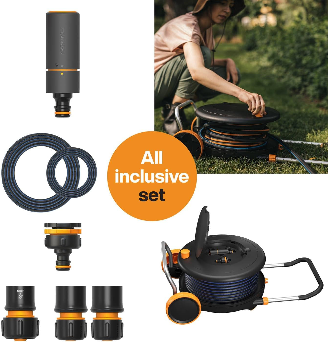 Fiskars Comfort L Wasserrad mit Rädern, All-Inclusive-Bewässerungsset, Gesamtreichweite 31,5 m, automatisches Aufwickeln, universeller Gartenschlauch (Ø 13 mm), universeller Wasserhahnanschluss, 1071670