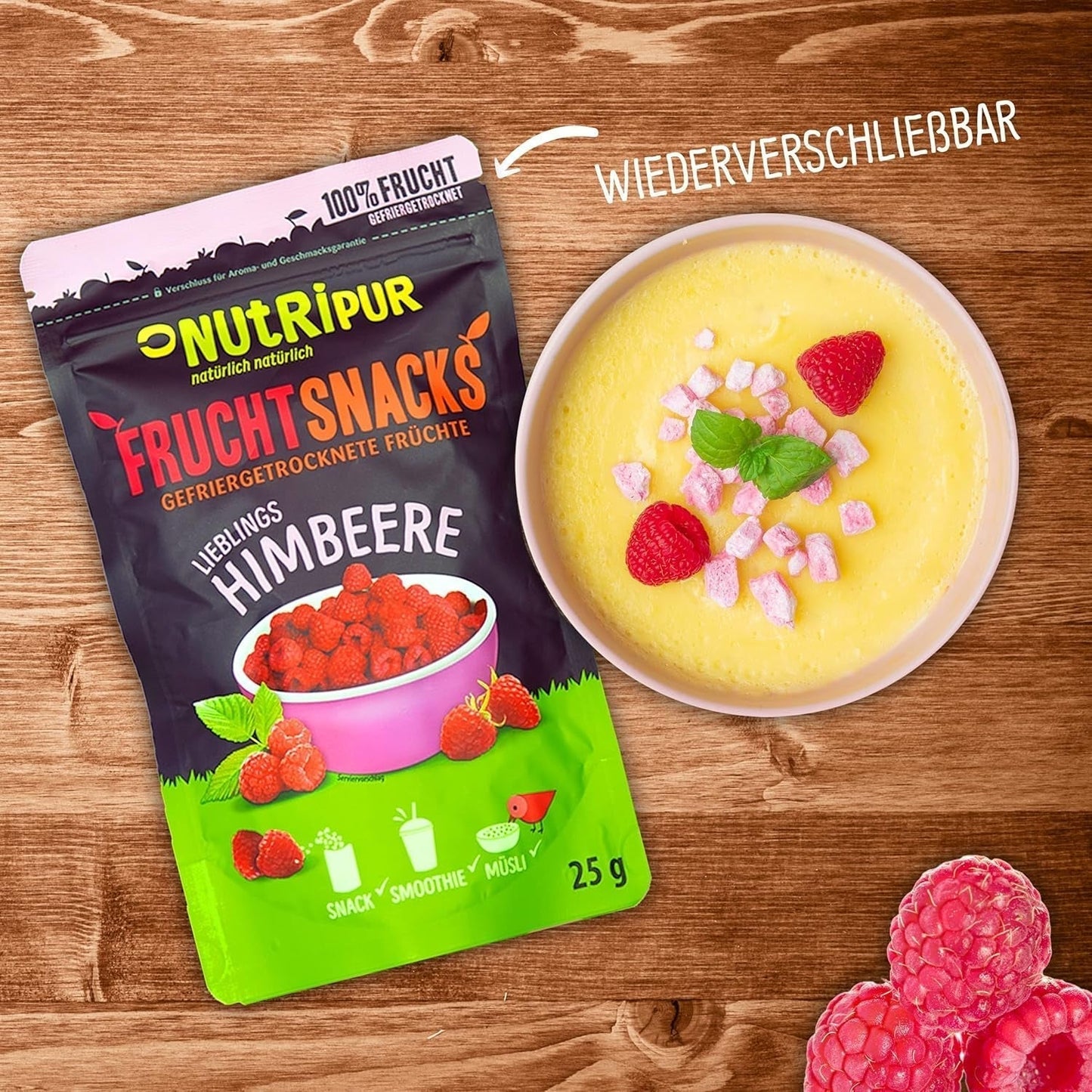 Gefriergetrocknete Früchte: 100g gefriergetrocknete Himbeeren für Smoothie-Bowls, Müsli, Porridge-Toppings – gefriergetrocknete Beeren ohne Zuckerzusatz – gefriergetrocknete Beeren – Früchte von NutriPur Dehydrierte Produkte Naty Shop