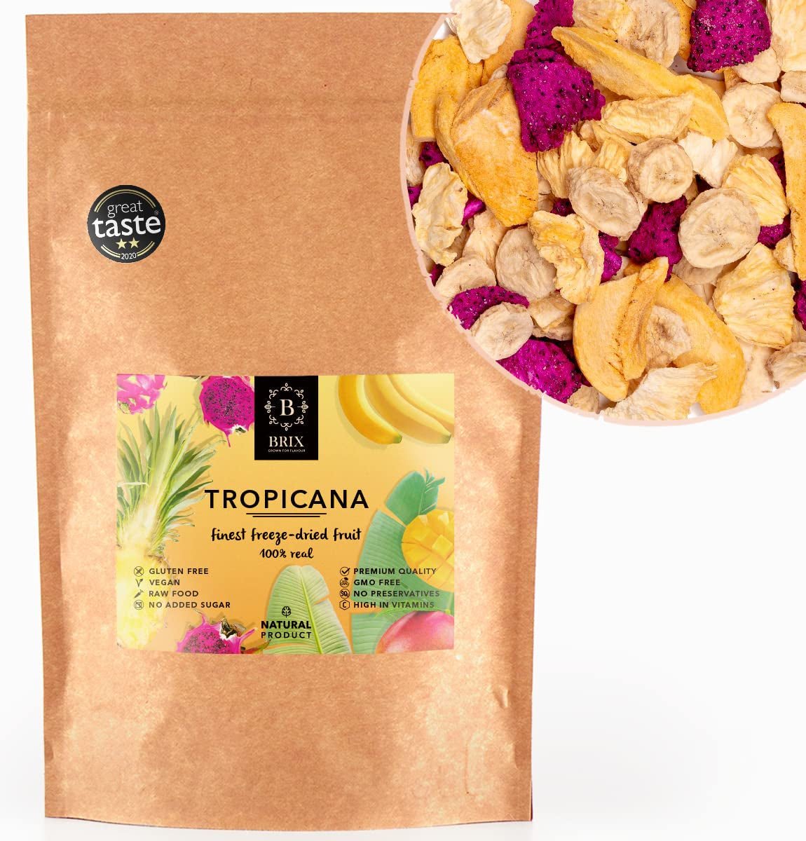 Gefriergetrocknete Früchte BRIX | Natürliche, trockene Mischung aus tropischen Früchten 80 g | Great Taste Award für Trockenfrüchte | GVO-frei, glutenfrei, vegan, Vitamine bleiben erhalten. Standardtitel für dehydrierte Produkte von Naty Shop