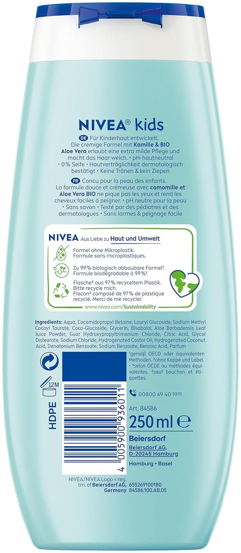 Duschgel, Shampoo und Spülung NIVEA KIDS 3in1, Pflege und Reinigung für Kinder mit zauberhaftem Apfelduft, extra milde, seifenfreie Pflege für Kinderhaare und -haut (250 ml) Kinder - Bade- und Hautpflege Naty Shop
