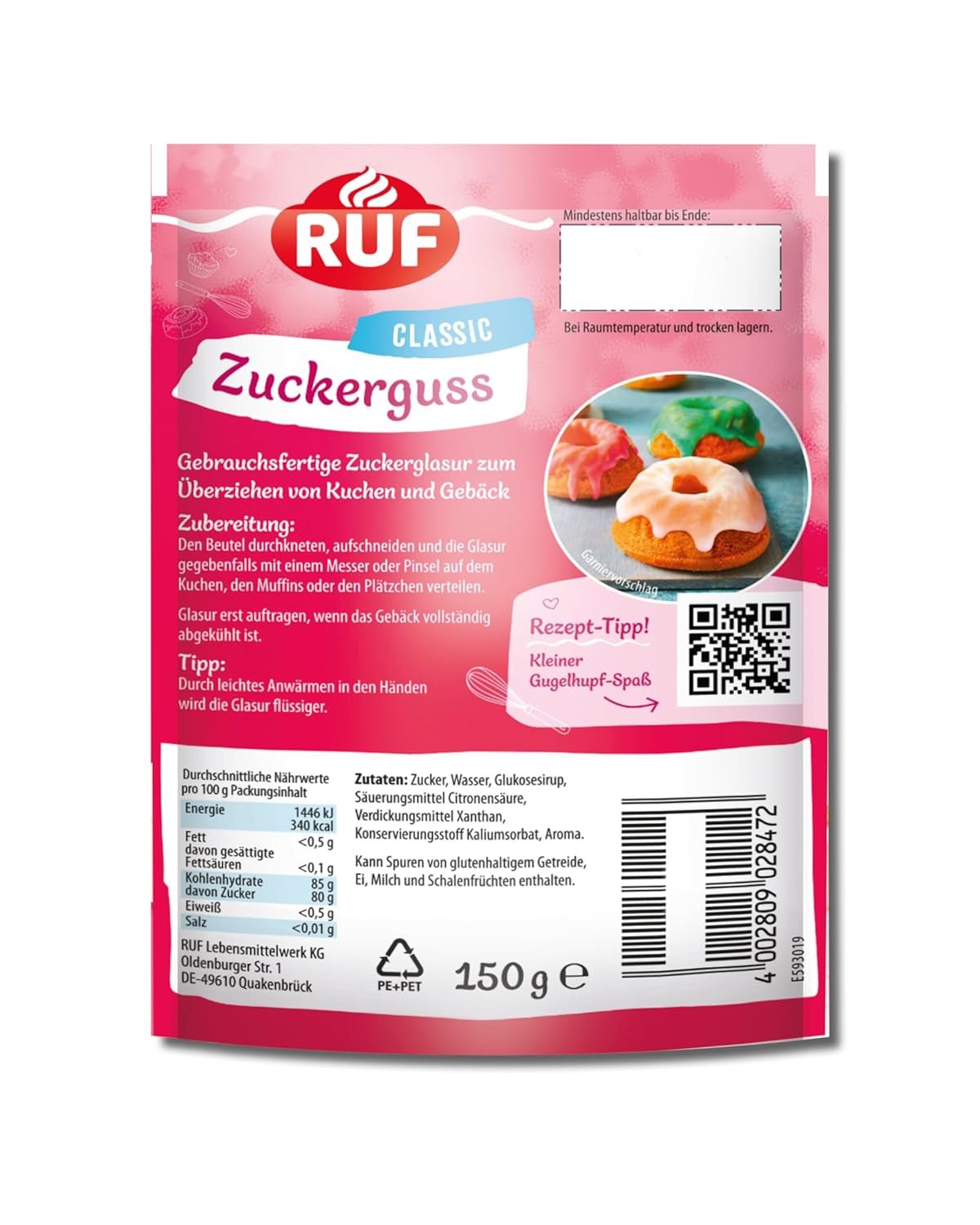 Gebrauchsfertige RUF-Glasur, sofort ohne Mischen verwendbar, Glasur für Kekse und Kuchen, als Basis für Zuckerglasur oder zum Färben und Würzen, 1 x 150 g (4er-Pack) Naty Shop Zuckerpaste