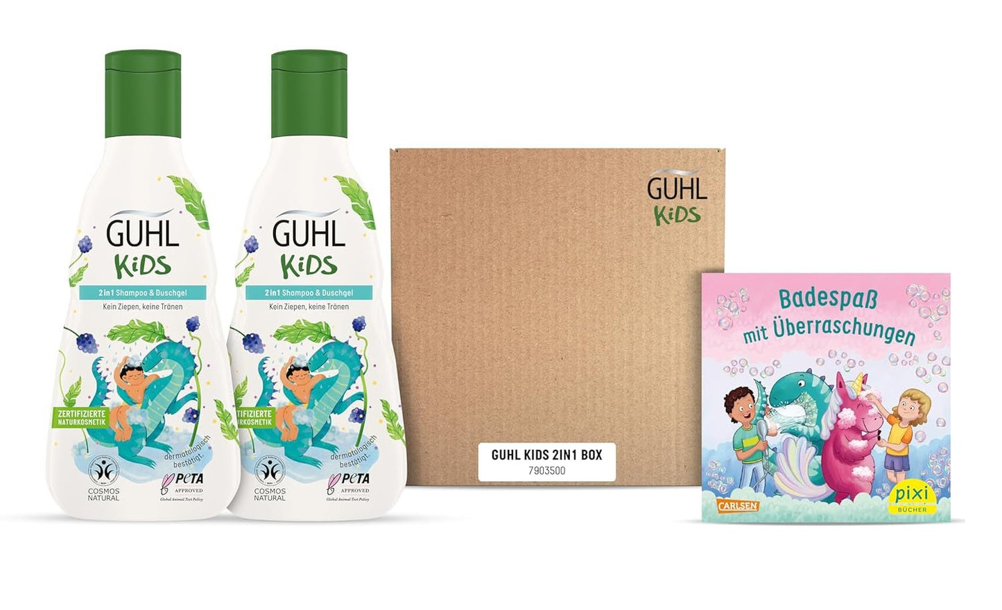 Guhl Kids Dino Vorteilsset – 2x Guhl Kids 2 in 1 Shampoo & Duschgel, 250ml + 1x Pixi-Buch – Speziell für Kinder entwickelt – Kein Ziehen – Cosmos Natural Zertifikat Kinder – Bade- und Hautpflege Naty Shop