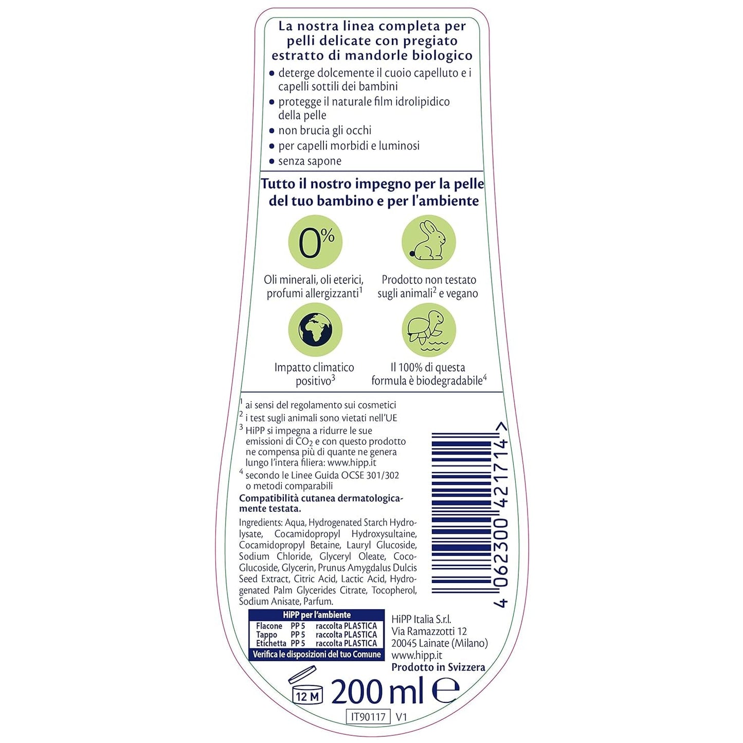 HiPP - Baby Care Sanftes Shampoo für Kinder, reinigt sanft und reizt die Augen, für empfindliche Haut, mit natürlichem Bio-Mandelextrakt, 1 Flasche mit 200 ml Kinder - Bade- und Hautpflege Naty Shop
