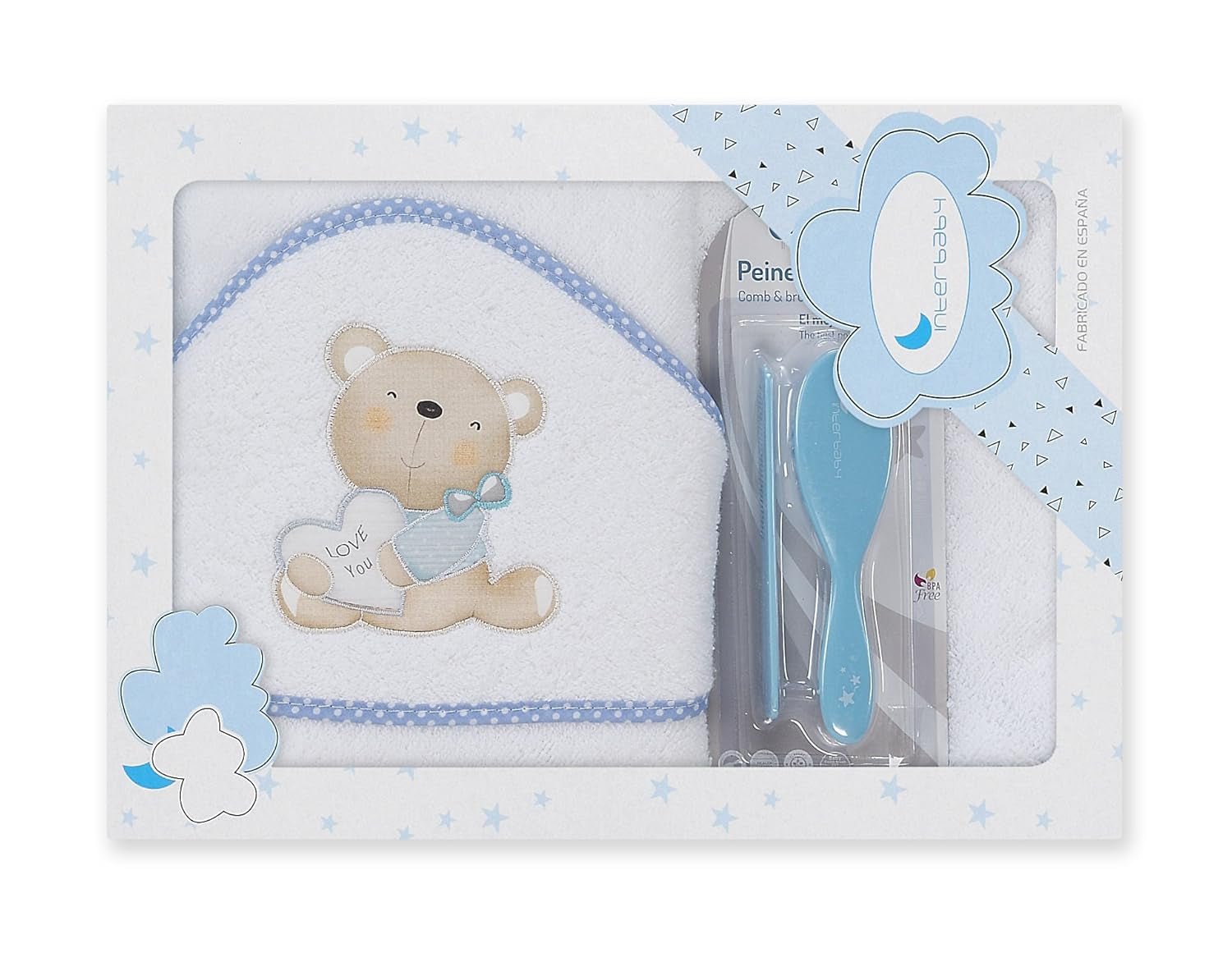 Interbaby P1177-11 Badetuch mit Kapuze für Kinder LOVE YOU weiß und blau mit Kamm und Bürste, blau Kinder - Bad und Hautpflege Naty Shop Standardtitel