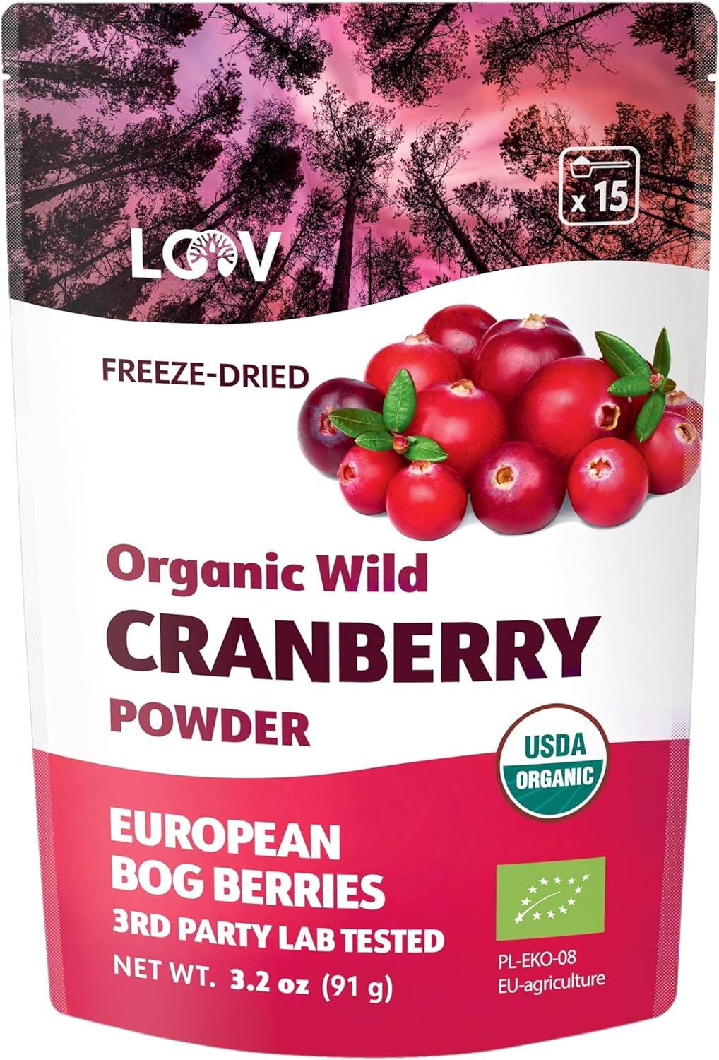 LOOV Bio-Blaubeerpulver, hergestellt aus 100 % ganzen gefriergetrockneten Wildheidelbeeren, geerntet in nordeuropäischen Wäldern, 113 g, ohne Zuckerzusatz, Naty Shop Dehydrierte Produkte, 91 g Cranberry-Pulver