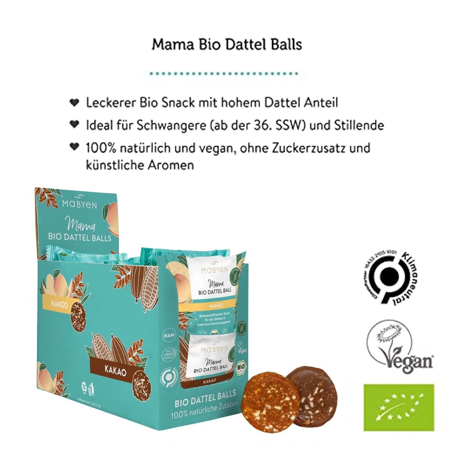 MABYEN Energy Balls Dattel Bio 20 Stk. | Dattelbällchen – Zuckerfreie gesunde Snacks für Schwangerschaft und Stillzeit – Proteinriegel mit Trockenfrüchten – 13 x Kakao- und 7 x Mango-Geschmack Dehydrierte Produkte Naty Shop