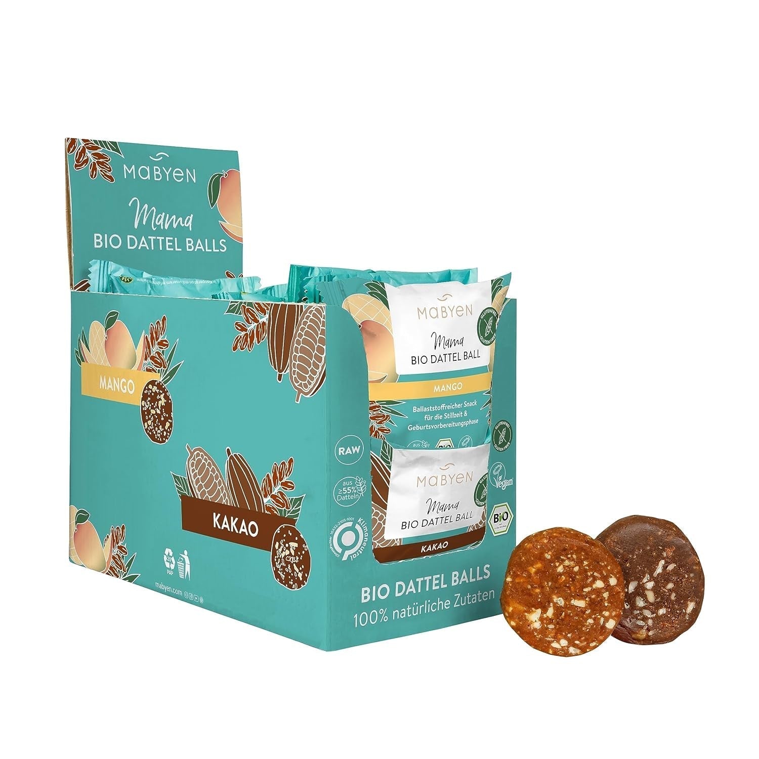 MABYEN Energy Balls Dattel Bio 20 Stk. | Dattelbällchen – Zuckerfreie, gesunde Snacks für Schwangerschaft und Stillzeit – Proteinriegel mit Trockenfrüchten – 13x Kakao- und 7x Mangogeschmack Naty Shop Dehydrierte Produkte 40 g (20er-Packung) Kakao + Mango