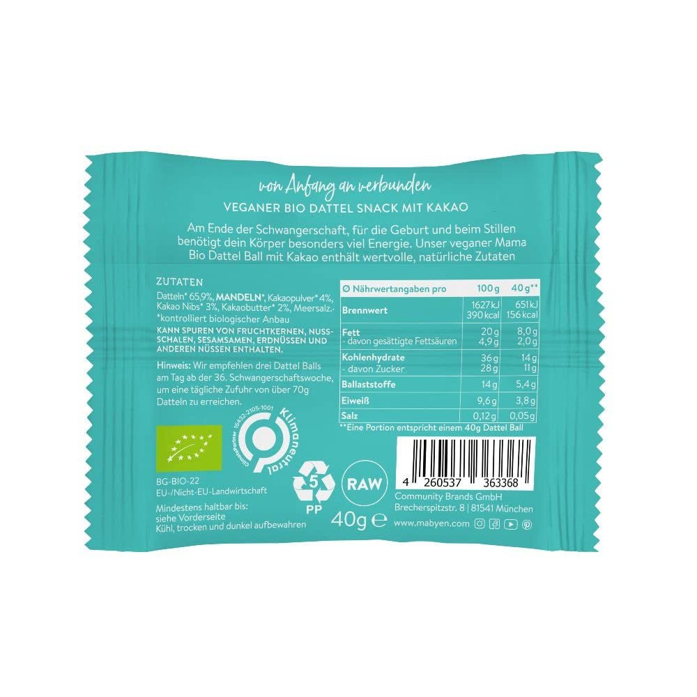MABYEN Energy Balls Dattel Bio 20 Stk. | Dattelbällchen – Zuckerfreie gesunde Snacks für Schwangerschaft und Stillzeit – Proteinriegel mit Trockenfrüchten – 13 x Kakao- und 7 x Mango-Geschmack Dehydrierte Produkte Naty Shop