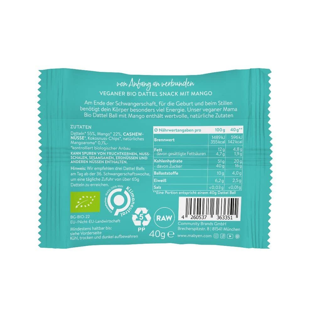 MABYEN Energy Balls Dattel Bio 20 Stk. | Dattelbällchen – Zuckerfreie gesunde Snacks für Schwangerschaft und Stillzeit – Proteinriegel mit Trockenfrüchten – 13 x Kakao- und 7 x Mango-Geschmack Dehydrierte Produkte Naty Shop