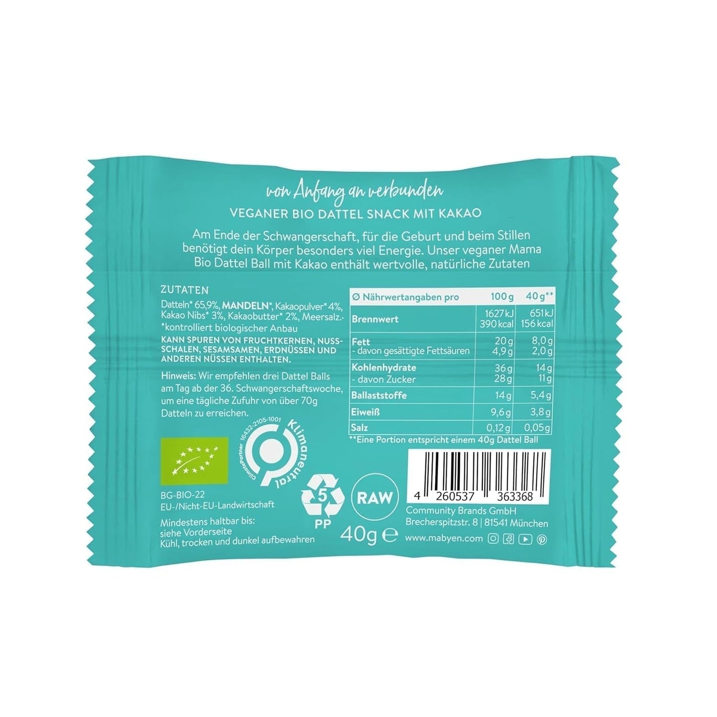 MABYEN Energy Balls Dattel Bio 20 Stk. | Dattelbällchen – Gesunde zuckerfreie Snacks für Schwangerschaft und Stillzeit – Proteinriegel mit Trockenfrüchten – Kakaogeschmack Dehydrierte Produkte Naty Shop