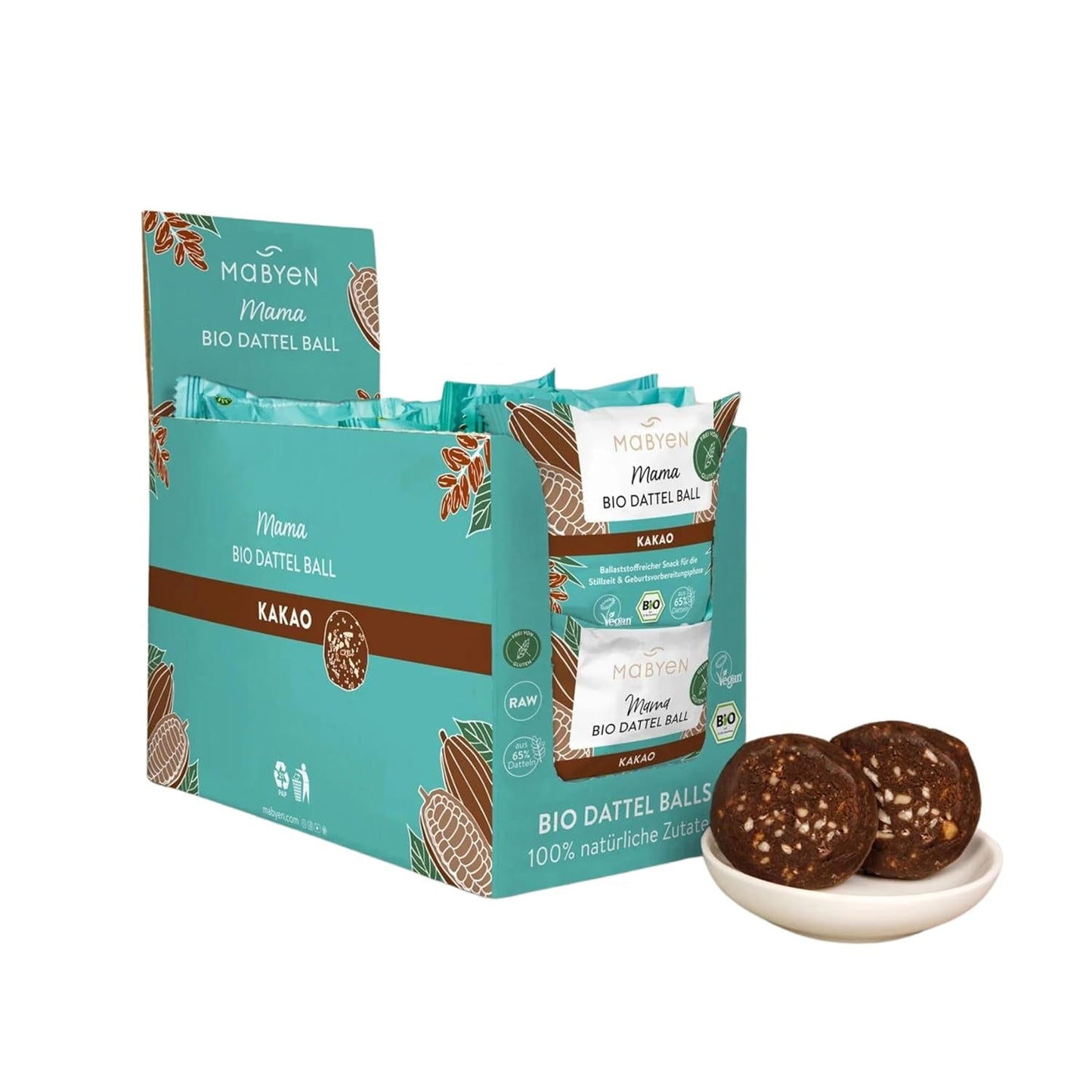 MABYEN Energy Balls Dattel Bio 20 Stk. | Dattelbällchen – Zuckerfreie gesunde Snacks für Schwangerschaft und Stillzeit – Proteinriegel mit Trockenfrüchten – Dehydrierte Produkte mit Kakaogeschmack Naty Shop Standardtitel