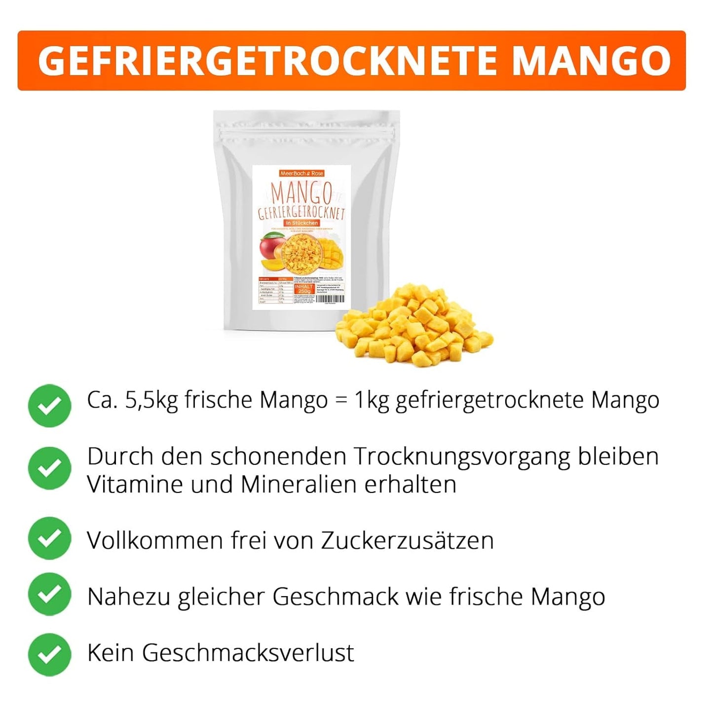Gefriergetrocknete Mango, 250g gefriergetrocknete Früchte, ohne Zusatzstoffe, fruchtig, hergestellt in Deutschland. Dehydrierte Produkte Naty Shop