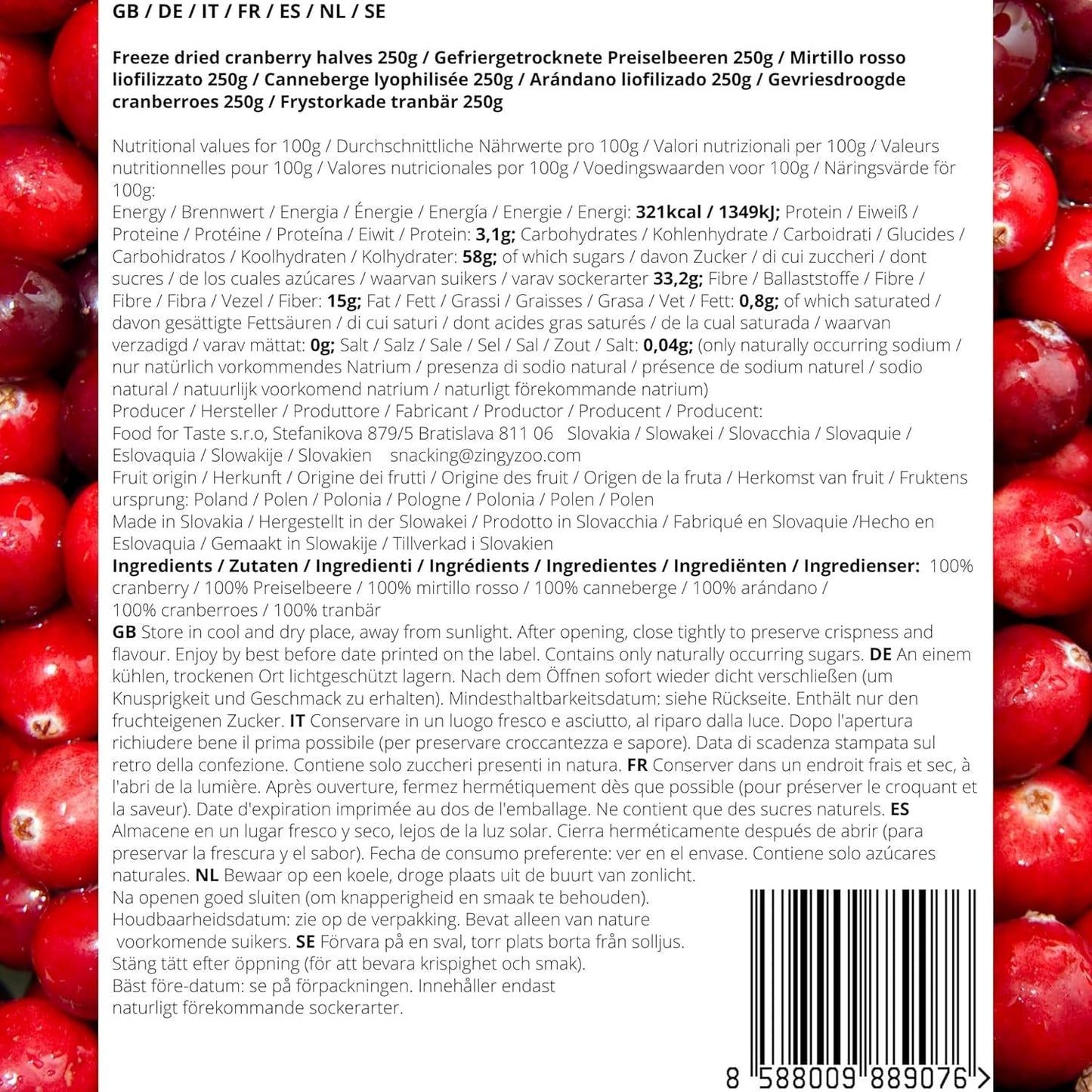 Gefriergetrocknete Cranberries ohne Zucker | XL 250g Gefriergetrocknete natürliche ungesüßte Cranberries | Gefriergetrocknete natürliche Wildfrüchte | Gefriergetrocknete Cranberries | ZingyZoo Dehydrierte Produkte Naty Shop