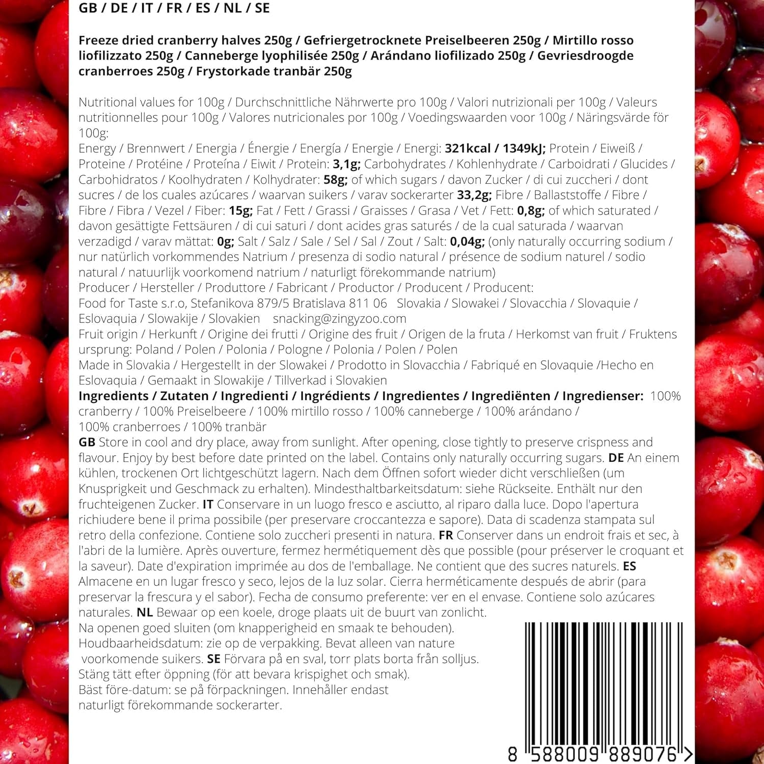 Gefriergetrocknete Cranberries ohne Zucker | XL 250g Gefriergetrocknete natürliche ungesüßte Cranberries | Gefriergetrocknete natürliche Wildfrüchte | Gefriergetrocknete Cranberries | ZingyZoo Dehydrierte Produkte Naty Shop
