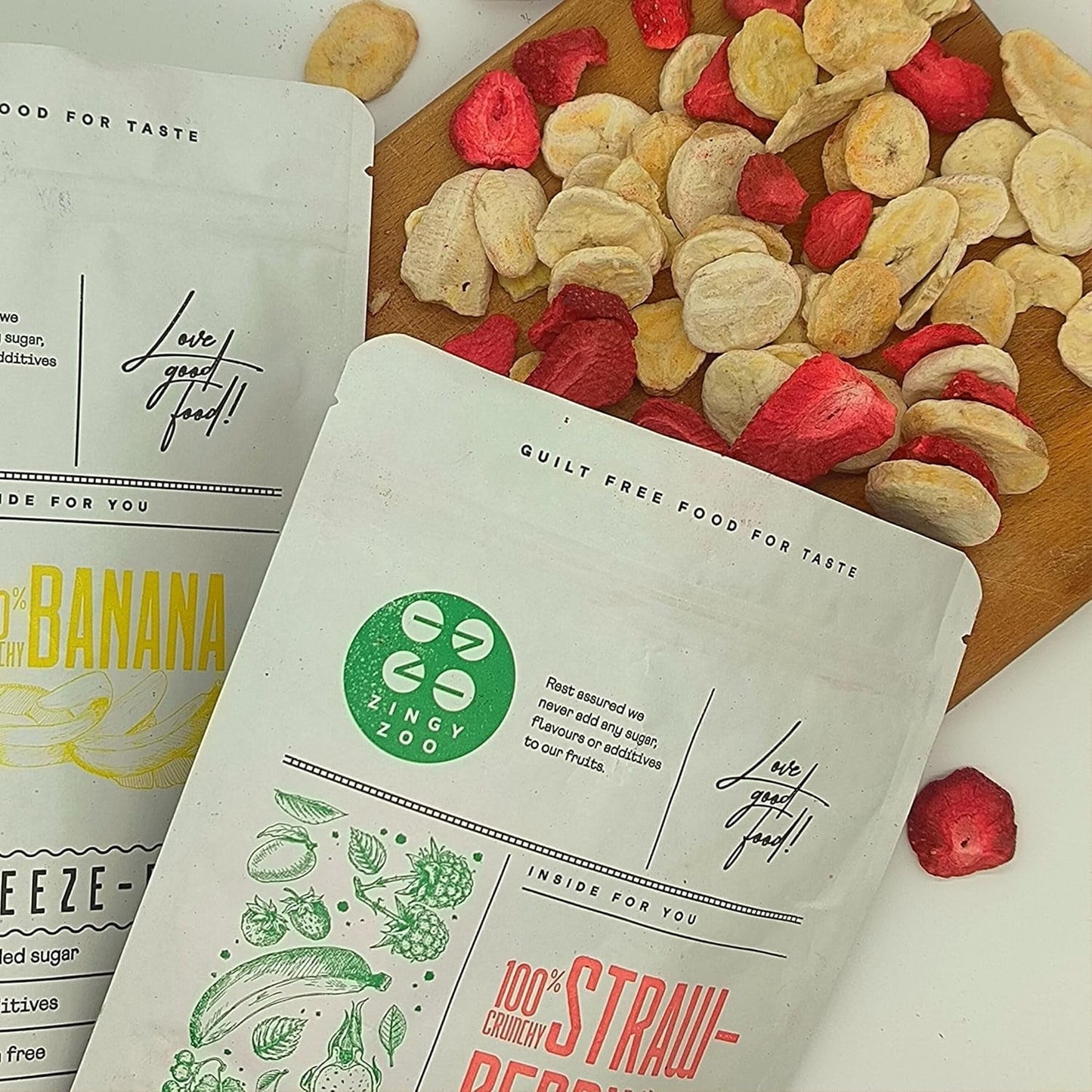 Mischung aus gefriergetrockneten Früchten ErdBana XL 300g | Gefriergetrocknete Bananen + gefriergetrocknete Erdbeeren Probierset mit gefriergetrockneten Früchten | Gefriergetrocknete Fruchtmischung aus Erdbeeren und Bananen | ZingyZoo Dehydrierte Produkte Naty Shop