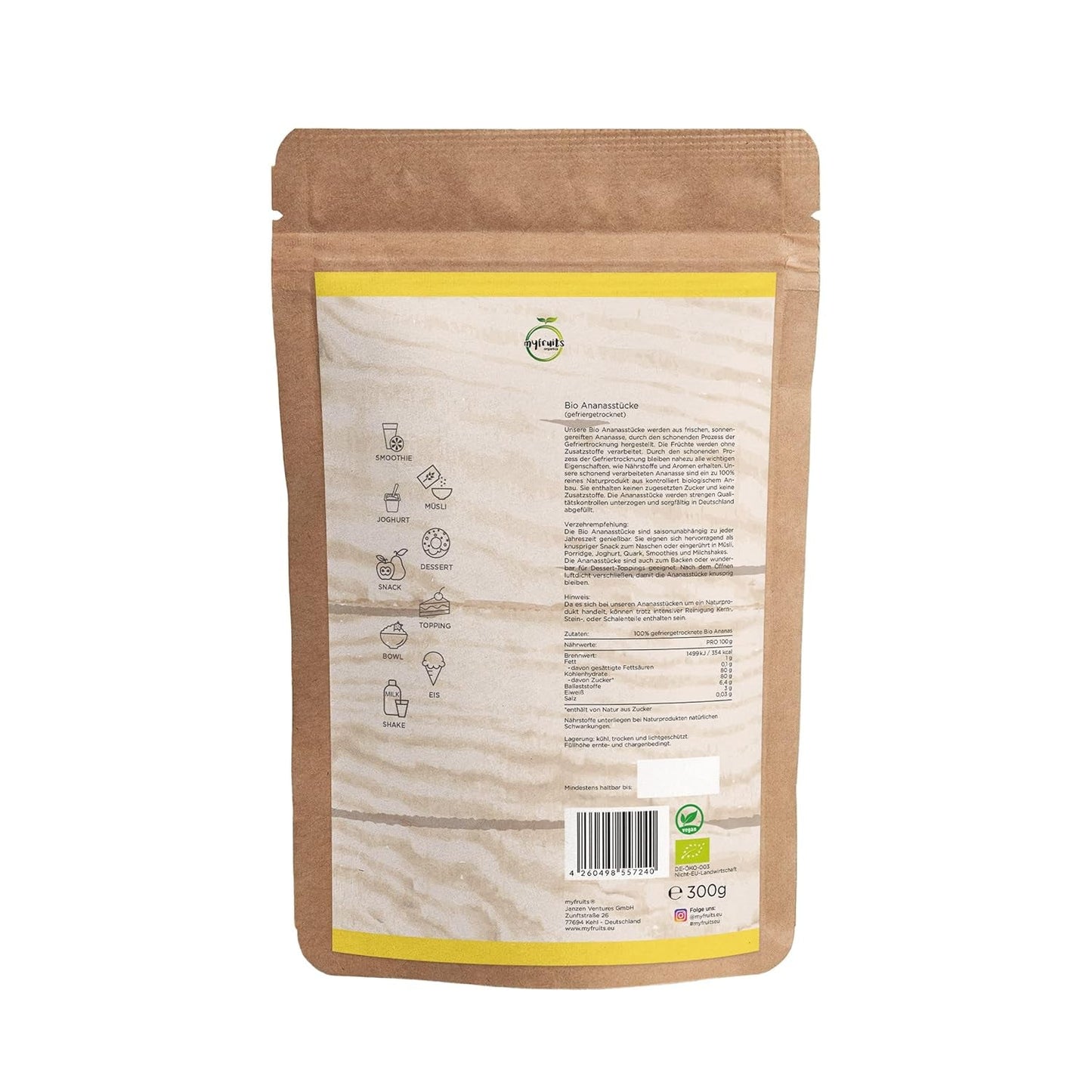 myfruits Bio gefriergetrocknete Ananas, 300g, Trockenfrüchte ohne Zusatzstoffe, 100 % Ananas in großen Stücken, gefriergetrocknete Früchte für Müsli oder als Snack Dehydrierte Produkte Naty Shop