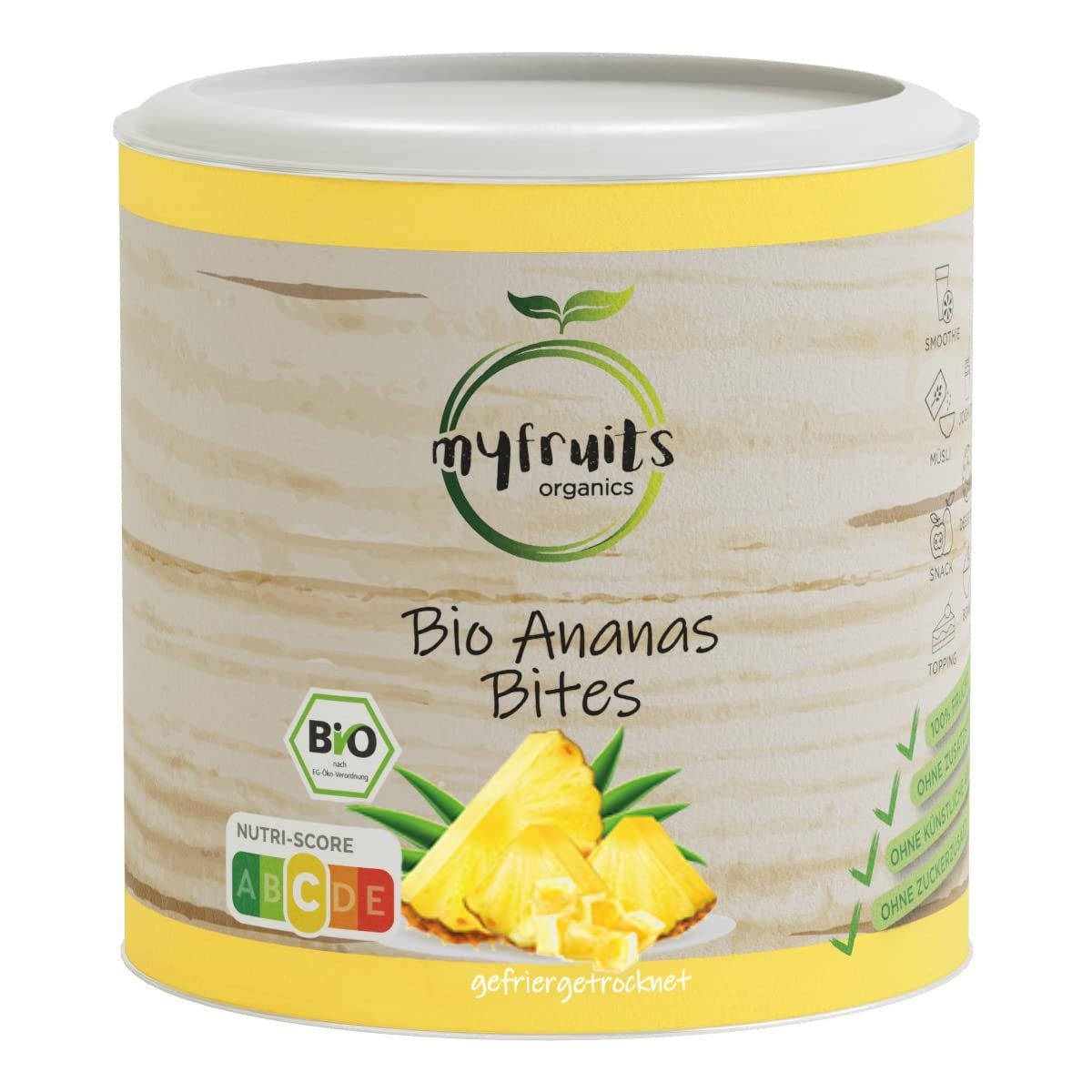 myfruits Bio gefriergetrocknete Ananas, 300g, Trockenfrüchte ohne Zusatzstoffe, 100 % Ananas in großen Stücken, gefriergetrocknete Früchte für Müsli oder als Snack Dehydrierte Produkte Naty Shop 85 Gramm