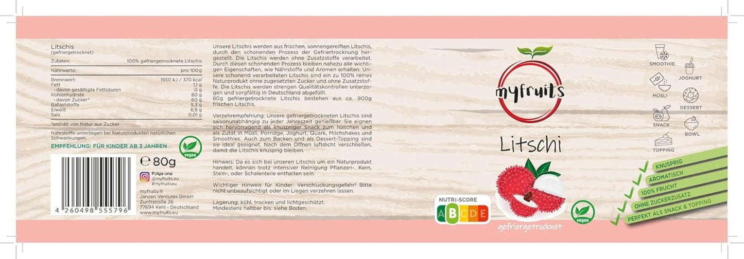 myfruits Litschi, gefriergetrocknet, 80g, ohne Zusatzstoffe, 100% Frucht, gefriergetrocknete Früchte und Trockenfrüchte Dehydrierte Produkte Naty Shop