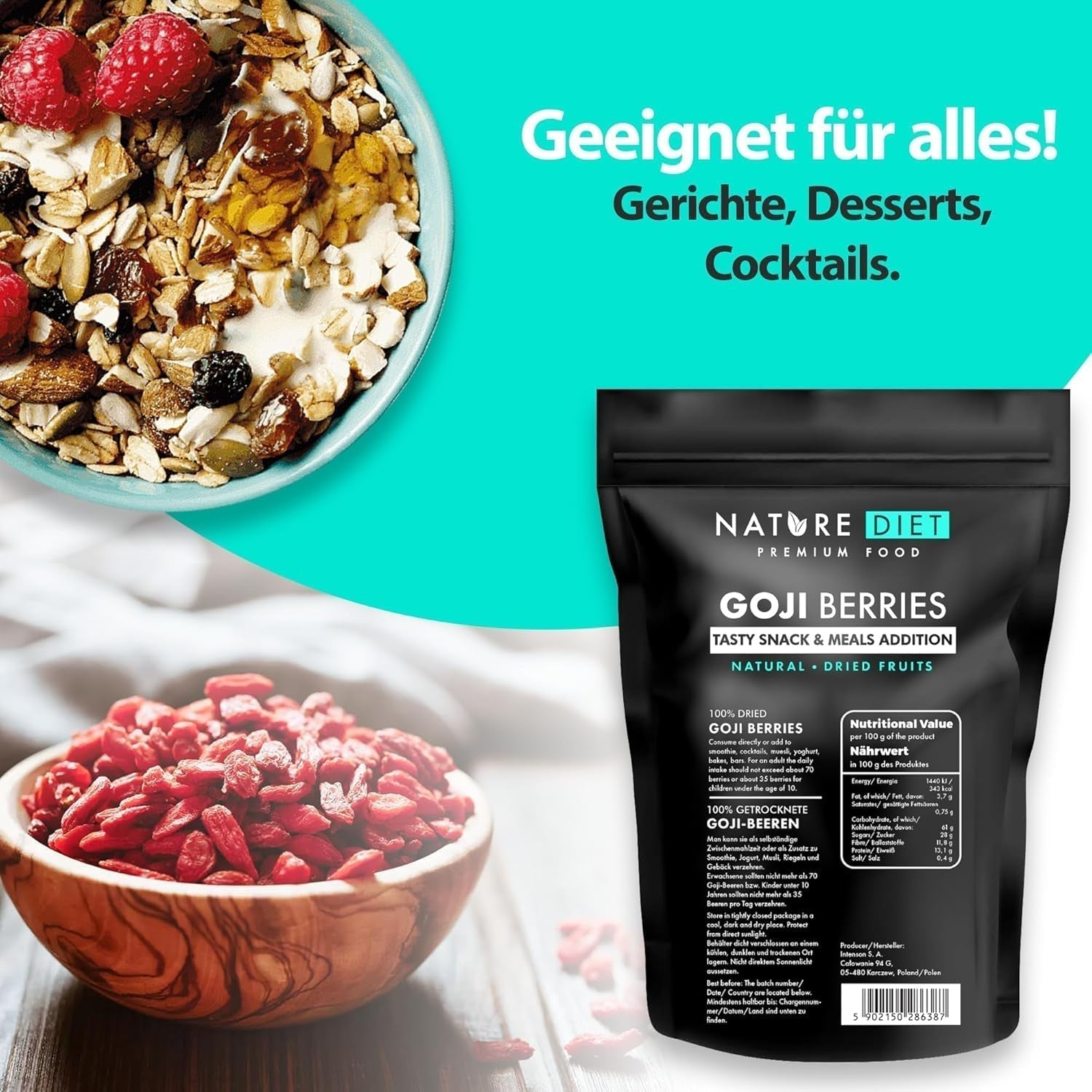 Nature Diet - Goji-Beeren 1000 g | Getrocknete Beeren | Gesunder Snack Naty Shop dehydrierte Produkte