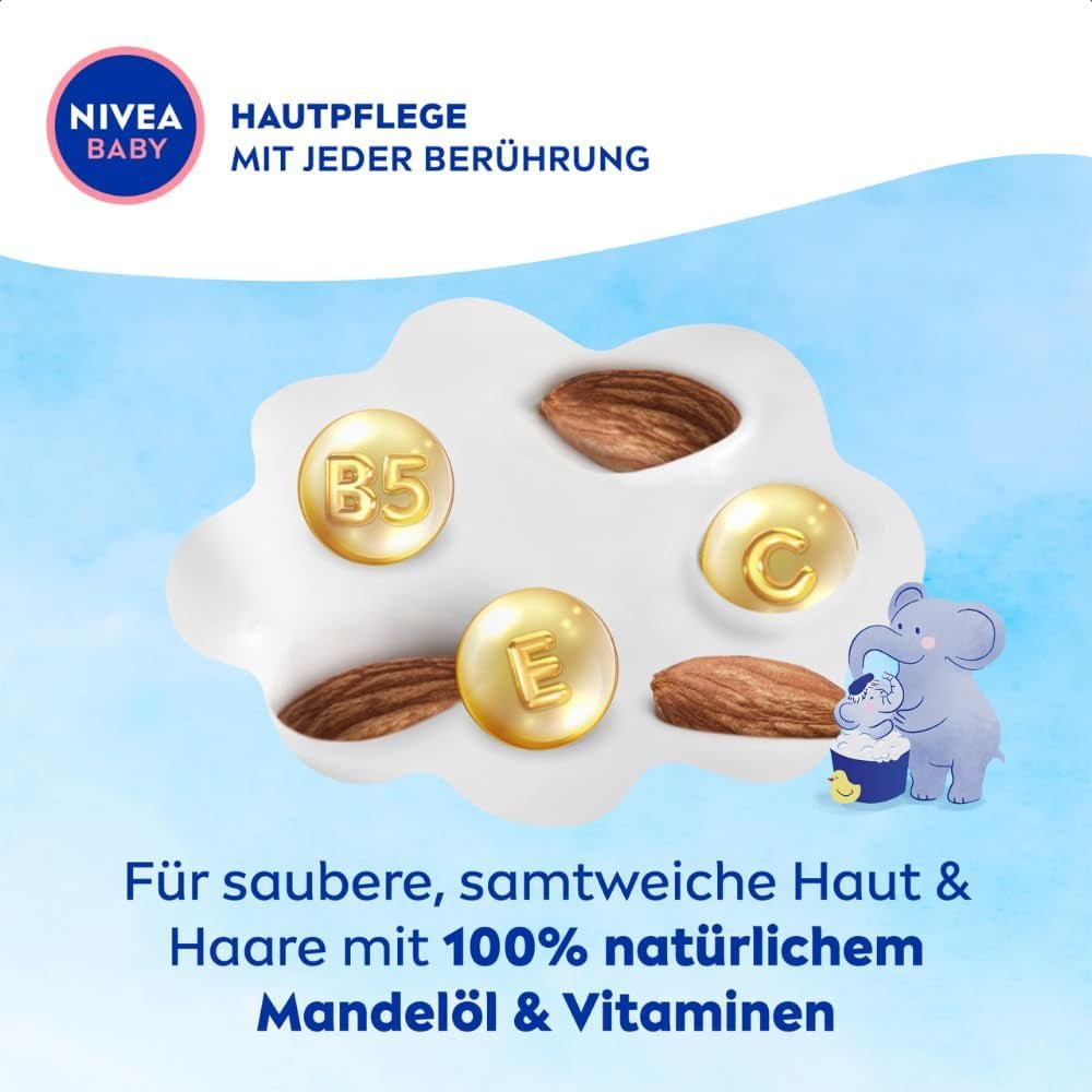 NIVEA BABY Kopf-bis-Fuß-Bad & Shampoo, sanftes veganes Shampoo für Kinderhaut und -haare mit Mandelöl, entspannendes Duschgel mit hypoallergener Formel ohne Parabene und Mikroplastik (200 ml) Kinder - Bade- und Hautpflege Naty Shop