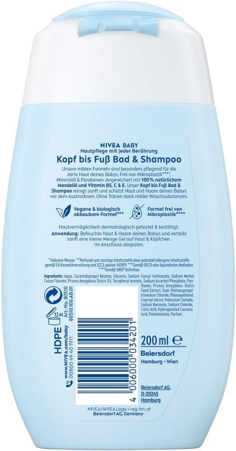 NIVEA BABY Kopf-bis-Fuß-Bad & Shampoo, sanftes veganes Shampoo für Kinderhaut und -haare mit Mandelöl, entspannendes Duschgel mit hypoallergener Formel ohne Parabene und Mikroplastik (200 ml) Kinder - Bade- und Hautpflege Naty Shop