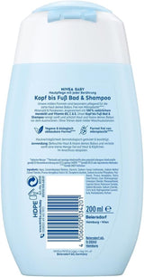 NIVEA BABY Kopf-bis-Fuß-Bad & Shampoo, sanftes veganes Shampoo für Kinderhaut und -haare mit Mandelöl, entspannendes Duschgel mit hypoallergener Formel ohne Parabene und Mikroplastik (200 ml) Kinder - Bade- und Hautpflege Naty Shop