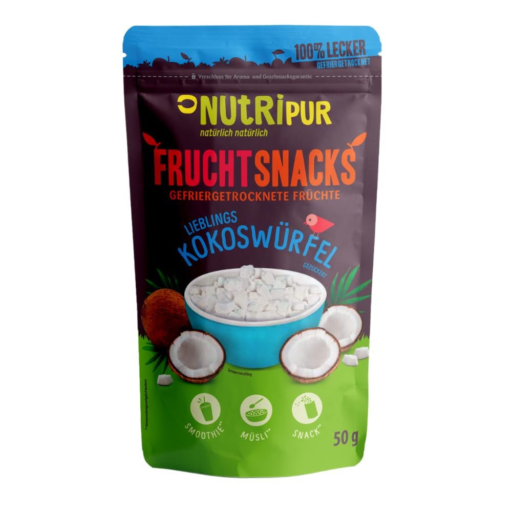 Gefriergetrocknete Kokosnuss: 50 g gefriergetrocknete Früchte – vegane Süßigkeiten, gesüßte Kokosnusswürfel – natürlich getrocknete Früchte von NutriPur. Dehydrierte Produkte Naty Shop. Standardtitel