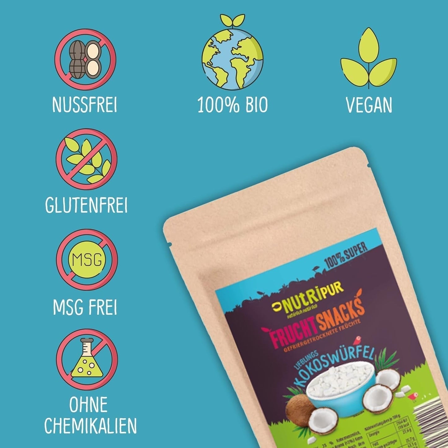 Gefriergetrocknete Kokosnuss: 50 g gefriergetrocknete Früchte – vegane Süßigkeiten, gesüßte Kokosnusswürfel – natürlich getrocknete Früchte von NutriPur. Dehydrierte Produkte Naty Shop