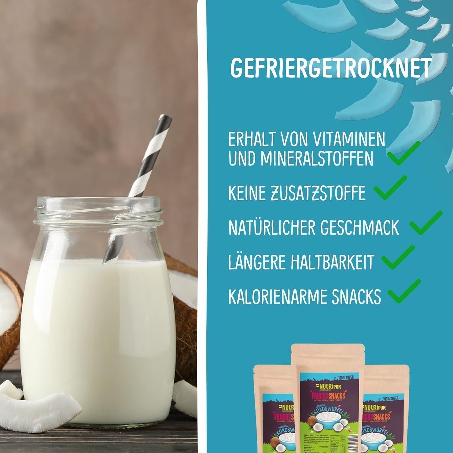 Gefriergetrocknete Kokosnuss: 50 g gefriergetrocknete Früchte – vegane Süßigkeiten, gesüßte Kokosnusswürfel – natürlich getrocknete Früchte von NutriPur. Dehydrierte Produkte Naty Shop