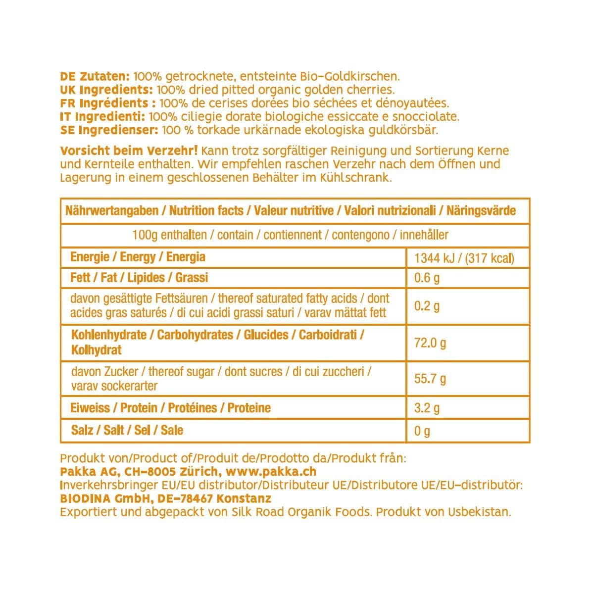 PAKKA – Bio-Fairtrade-Sonnengetrocknete goldene Kirschen 500 g, wild gepflückte gelbe Kirschen, ungekernt, ungesüßt, direkt von Kleinbauern in Samarkand, Usbekistan, vegan, 500 g (1 Packung) Dehydrierte Produkte von Naty Shop