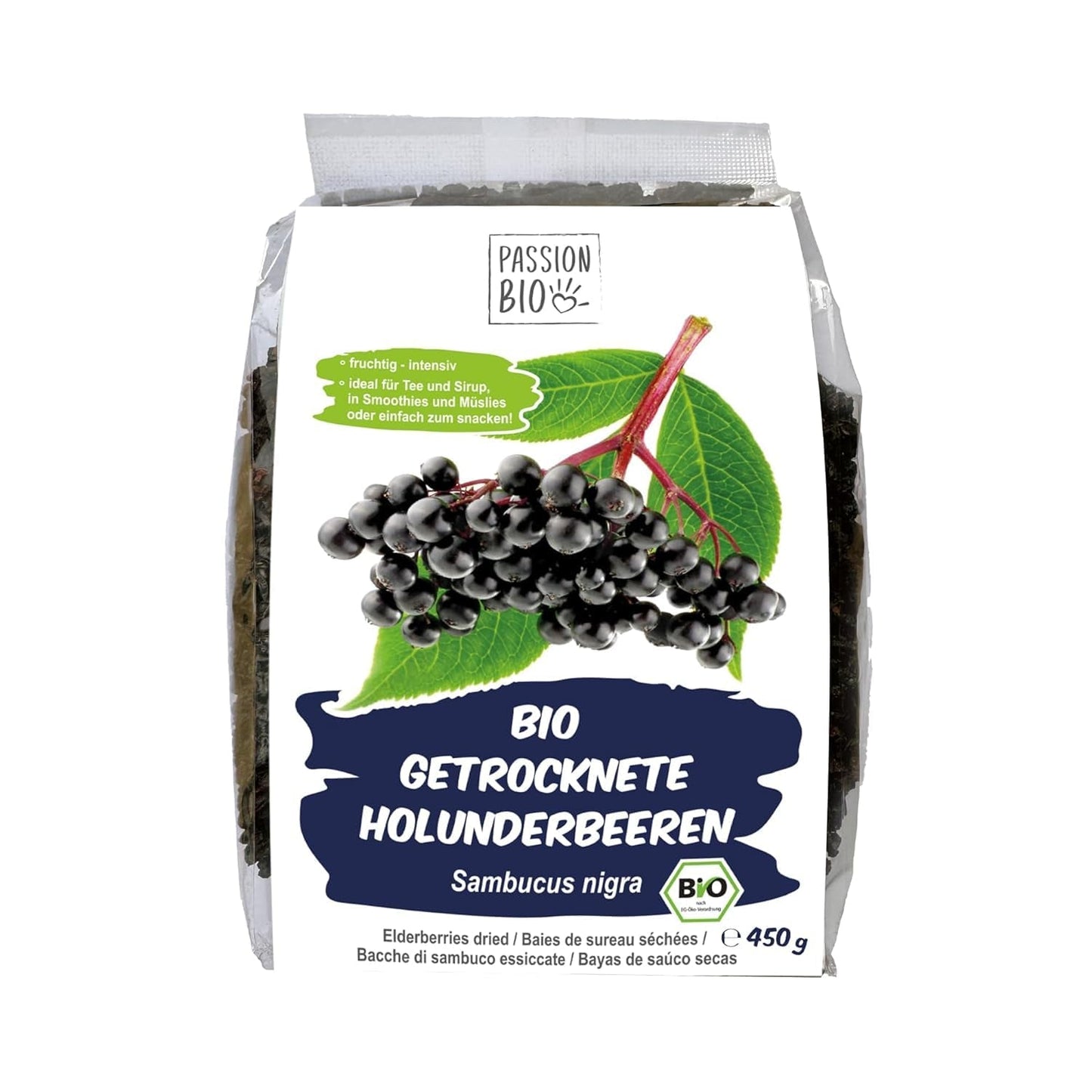 PassionBio Getrocknete Bio-Holunderbeeren 450 g – Schwarze Holunderbeeren für Tee und Sirup – Vegan, ohne Konservierungsstoffe, ohne Zuckerzusatz (laut Gesetz) Dehydrierte Produkte Naty Shop Standardtitel