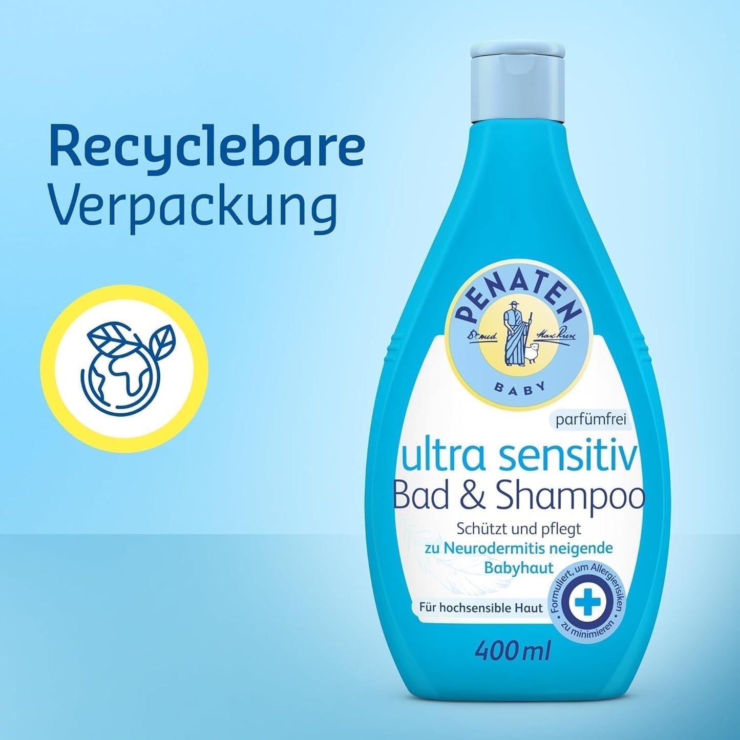 PENATEN Ultra Sensitive Bad & Shampoo (400 ml), besonders sanftes Babybad und Shampoo für die sehr empfindliche Haut von zu Neurodermitis neigenden Babys, parfüm- und farbstofffreies Duschgel und Haarshampoo Kinder - Bade- und Hautpflege Naty Shop