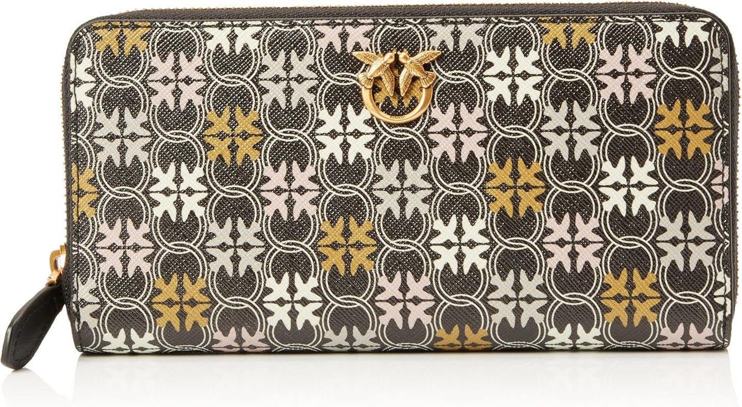 Pinko Women's Ryder Zip Around Leather Print Logo Travel Accessories Wallet, Zm7q_Black/Brown/White.Antique Go Wallet Women Naty Shop Default Title