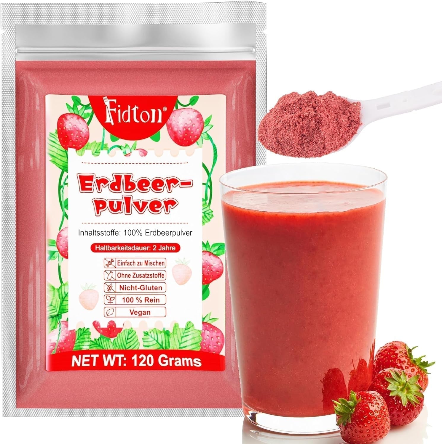 Erdbeerpulver 120 g – 100 % natürliche Erdbeeren, gefriergetrocknet, ohne Zusatzstoffe, einfaches Mischen, nahrhafte, gefriergetrocknete Erdbeeren für Eis, Kuchen, Smoothies, Getränke, Aromapulver, dehydrierte Produkte, Naty Shop 120 g Erdbeeren