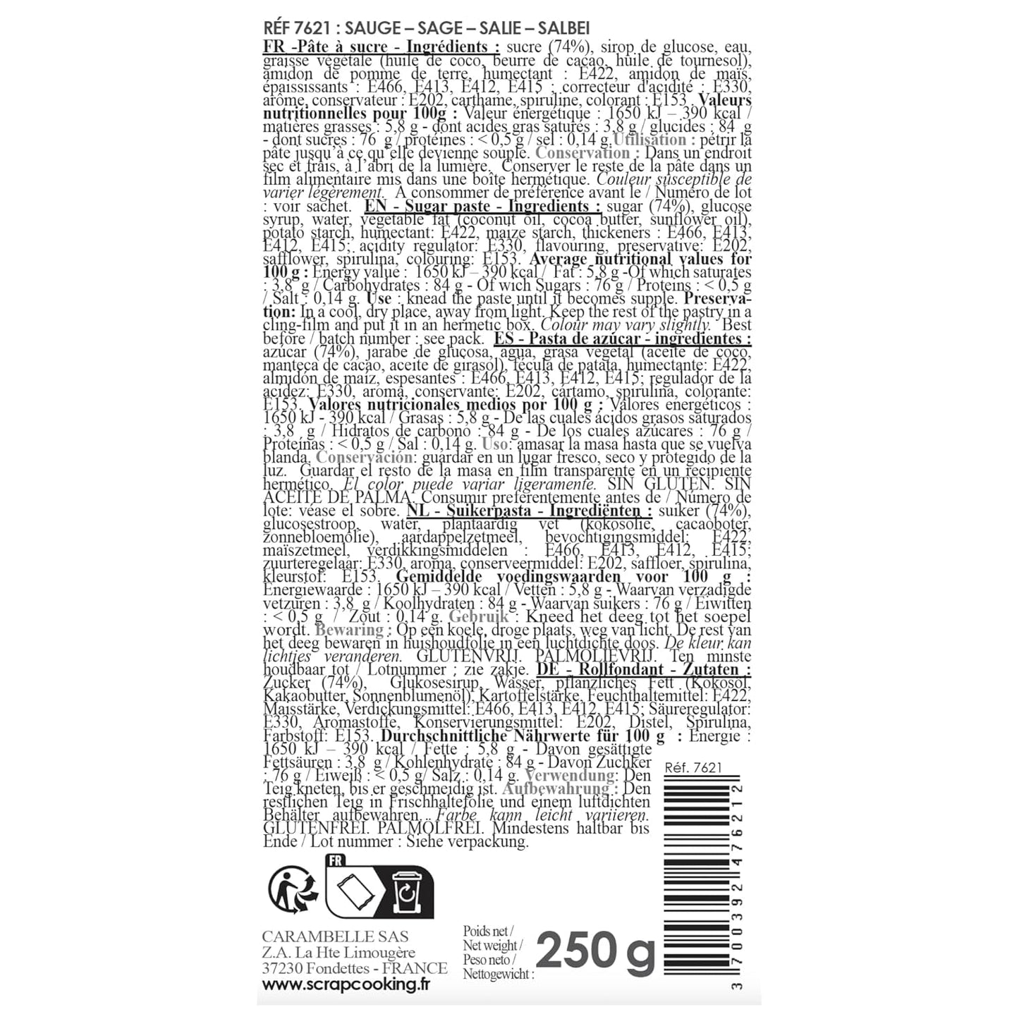 ScrapCooking - Pâte à Sucre Vert Sauge 250g - Colorant d'Origine Naturelle - Sans Gluten, Sans Huile de Palme - Pour Gâteaux, Pâtisseries Anniversaire - Vert Pastel - Fabrikie en France - 7621 Zuckerpaste Naty Shop