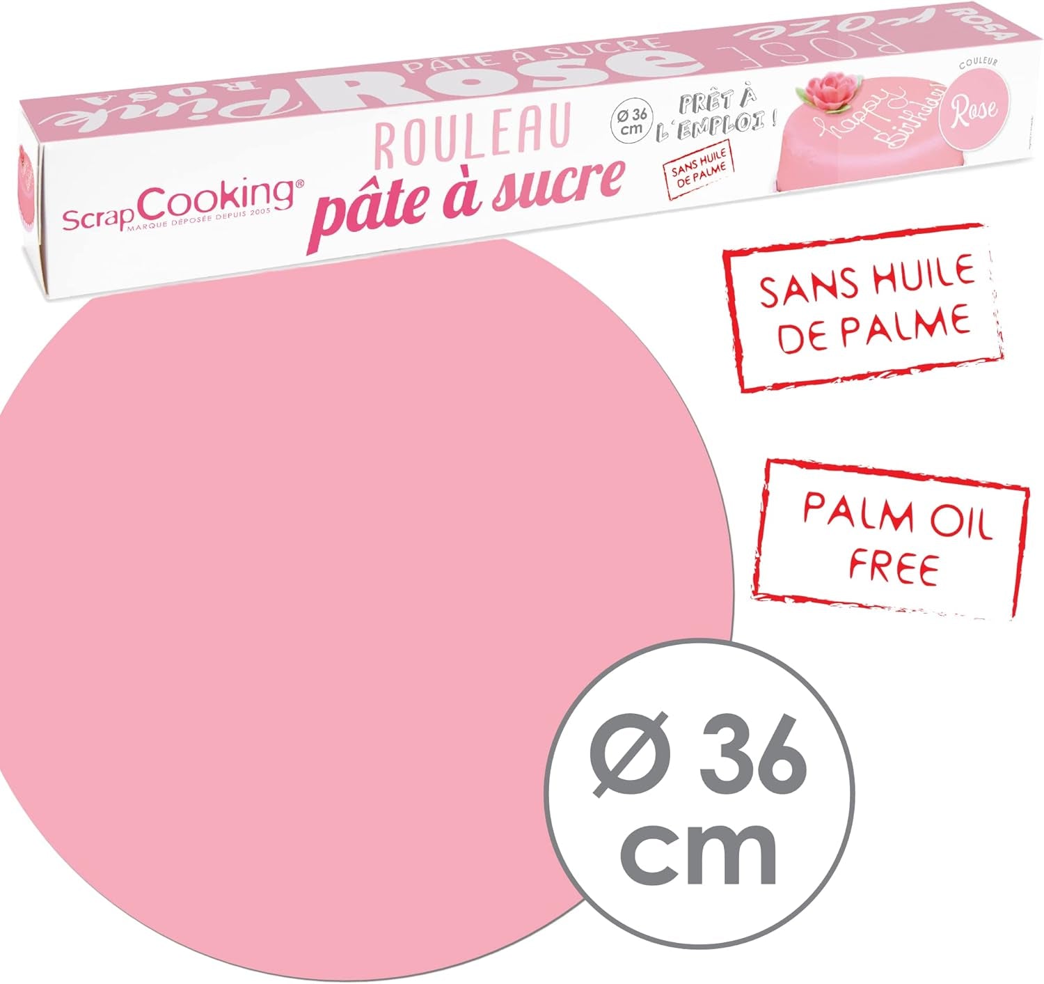 ScrapCooking - Rosa Fondantrolle â'¬ 36 cm - Gerollter schwarzer Fondant 430 g - Tortenaufsatz Fondantaufsatz Dekoration für Kuchen, Backen, Geburtstage, Partys - Rosa - 7264 Zuckerpaste Naty Shop
