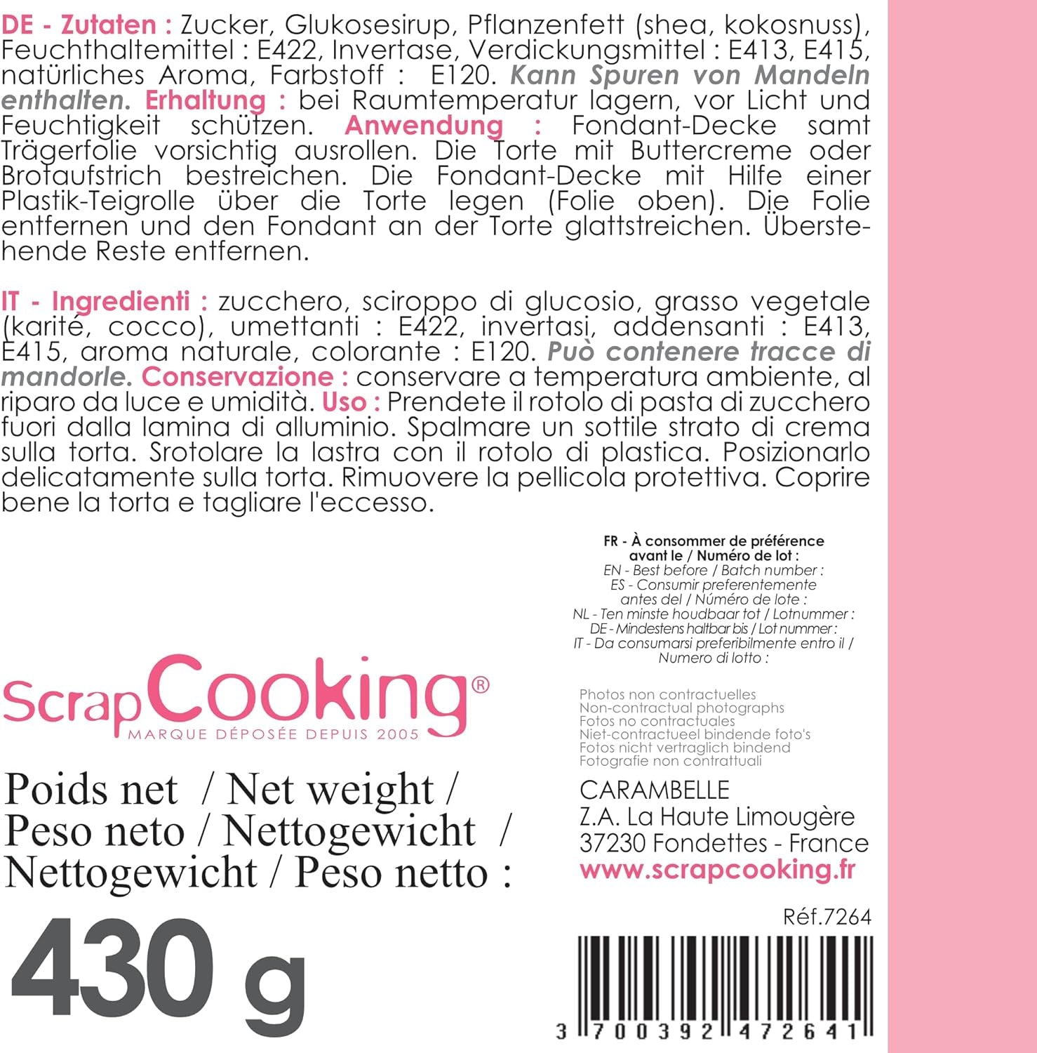 ScrapCooking - Rosa Fondantrolle â'¬ 36 cm - Gerollter schwarzer Fondant 430 g - Tortenaufsatz Fondantaufsatz Dekoration für Kuchen, Backen, Geburtstage, Partys - Rosa - 7264 Zuckerpaste Naty Shop