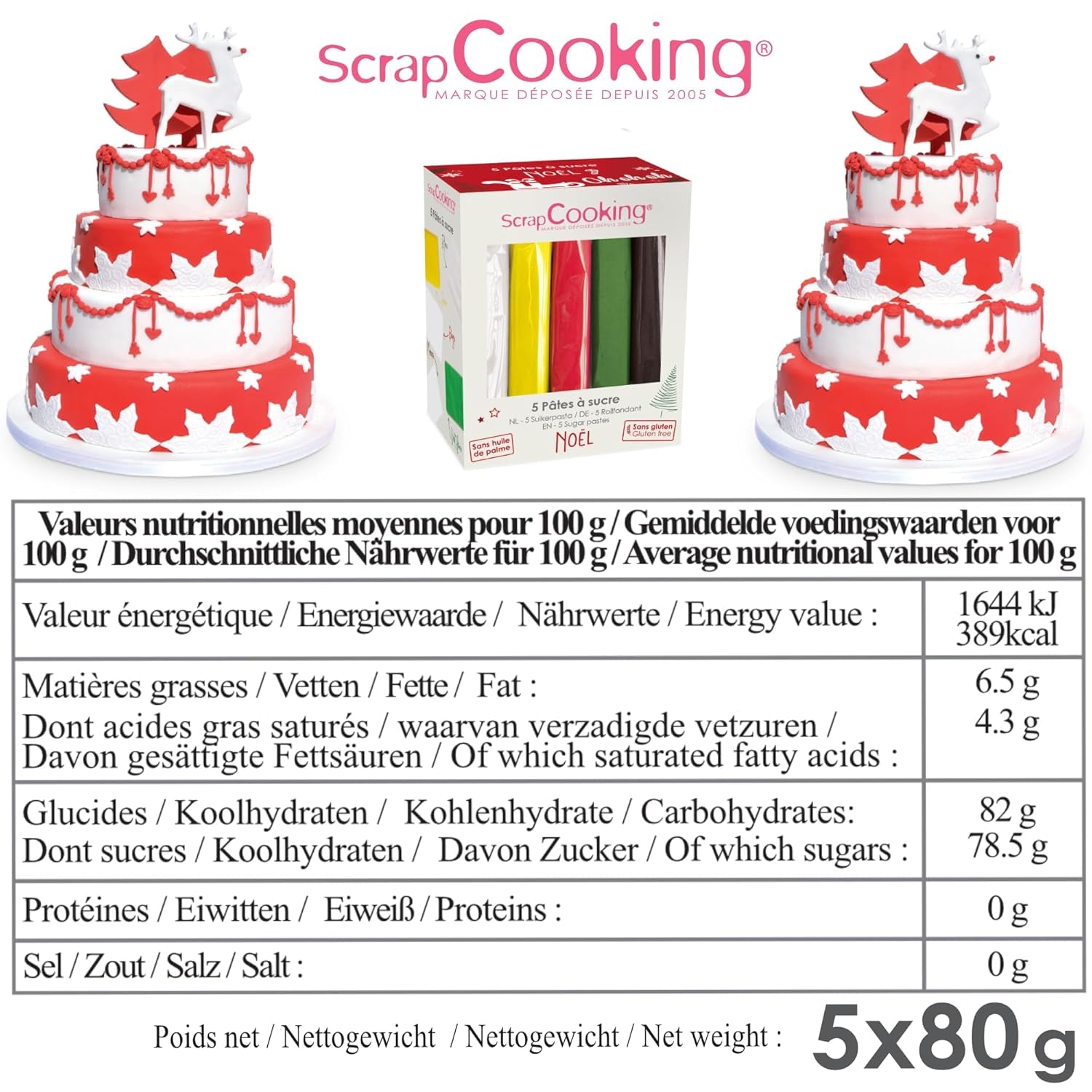 ScrapCooking – Set mit 5 Fondants – weiß, gelb, rot, grün und braun – 5 x 80 g – Zuckerpaste für Kuchen, Kuchendekorationen, Geburtstag, Weihnachten – glutenfrei und frei von Palmöl – 7257 Naty Shop Zuckerpaste