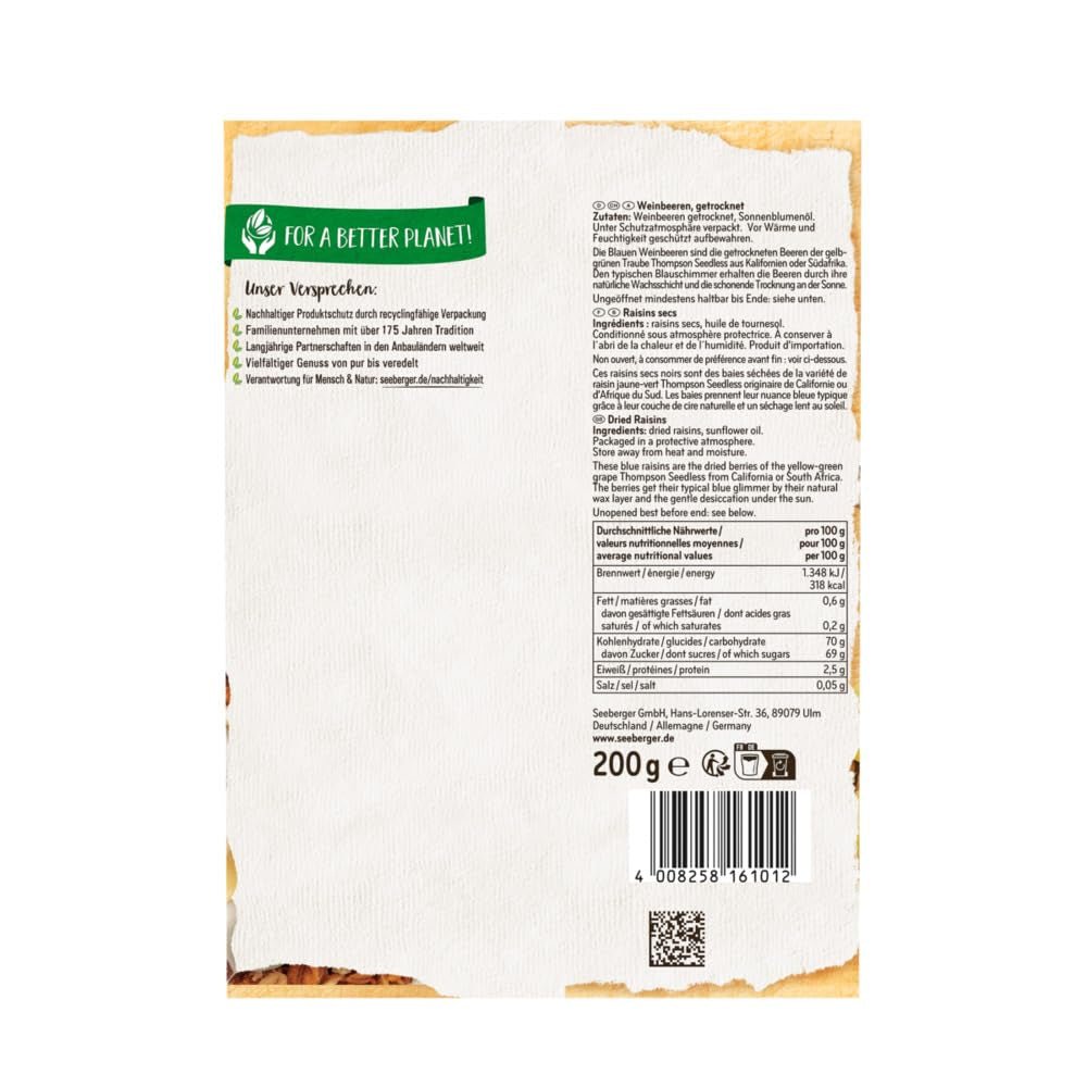 Seeberger Blue Sultanas 13er-Pack: Süße und saftige kernlose Thompson-Trauben-Sultanas – zum Backen, Kochen und Snacken – sonnengetrocknet – ungeschwefelt, vegan (13 x 200 g). Dehydrierte Produkte von Naty Shop