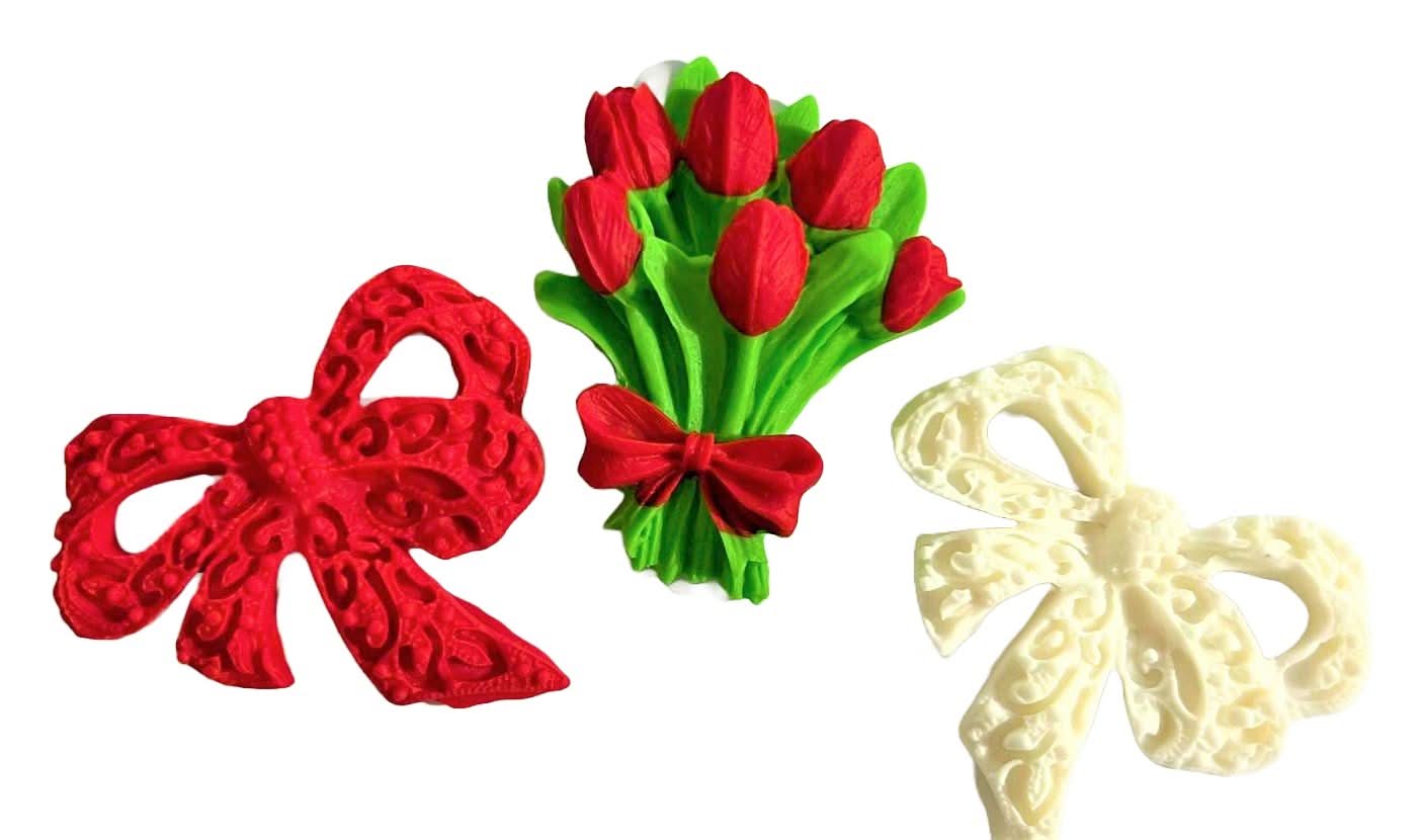 Set mit 3 essbaren Zuckerdekorationen, Tulpenstrauß und Schleifendekorationen von Sugar Paste Nati Shop