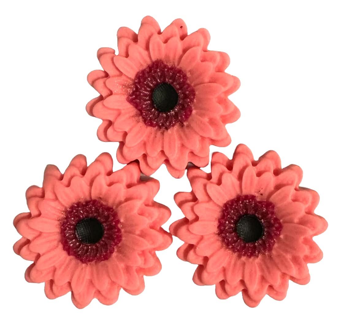 Set mit 3 essbaren Zuckerdekorationen, rosa Gerbera-Dekorationen aus Zuckerpaste Nati Shop