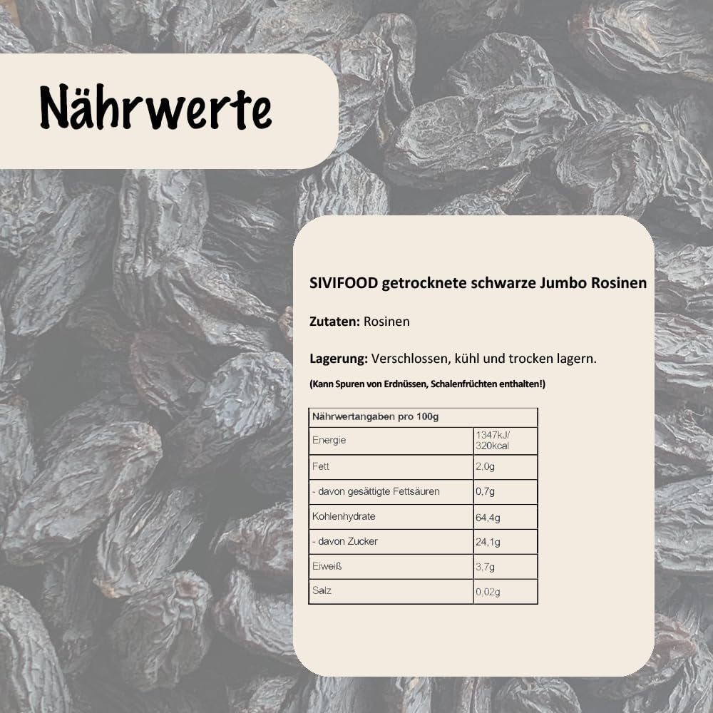 SIVIFOOD Jumbo schwarze Sultaninen 300 g – große und köstliche schwarze Sultaninen von höchster Qualität, natürlich getrocknete, süße, fruchtige Trauben, ungeschwefelt, ungesüßt, ungesüßt, ölfrei, Kishmish-Zusätze, dehydrierte Produkte, Naty Shop